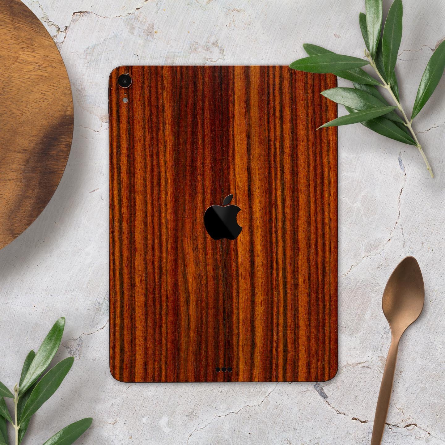 Bright Red Ebony Woodgrain skin decal for Apple iPad, showcasing its vibrant woodgrain design and ultra-thin profile.