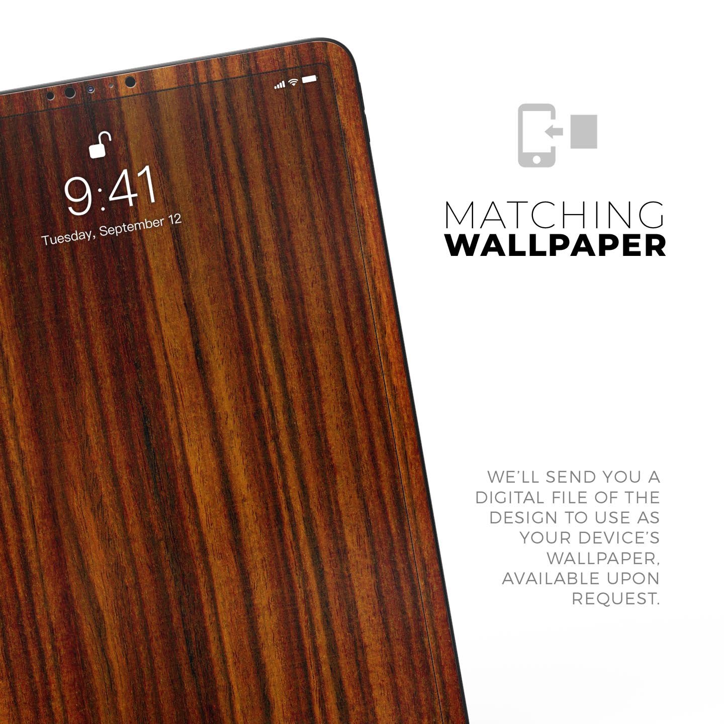 Bright Red Ebony Woodgrain skin decal for Apple iPad, showcasing its vibrant woodgrain design and ultra-thin profile.