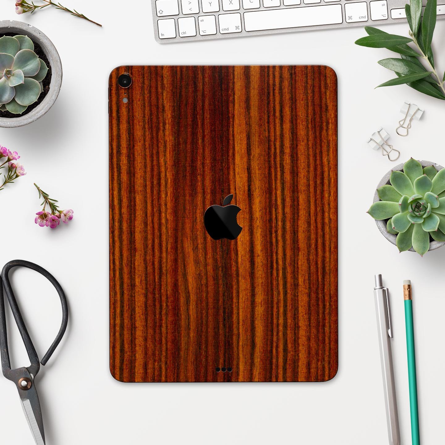 Bright Red Ebony Woodgrain skin decal for Apple iPad, showcasing its vibrant woodgrain design and ultra-thin profile.