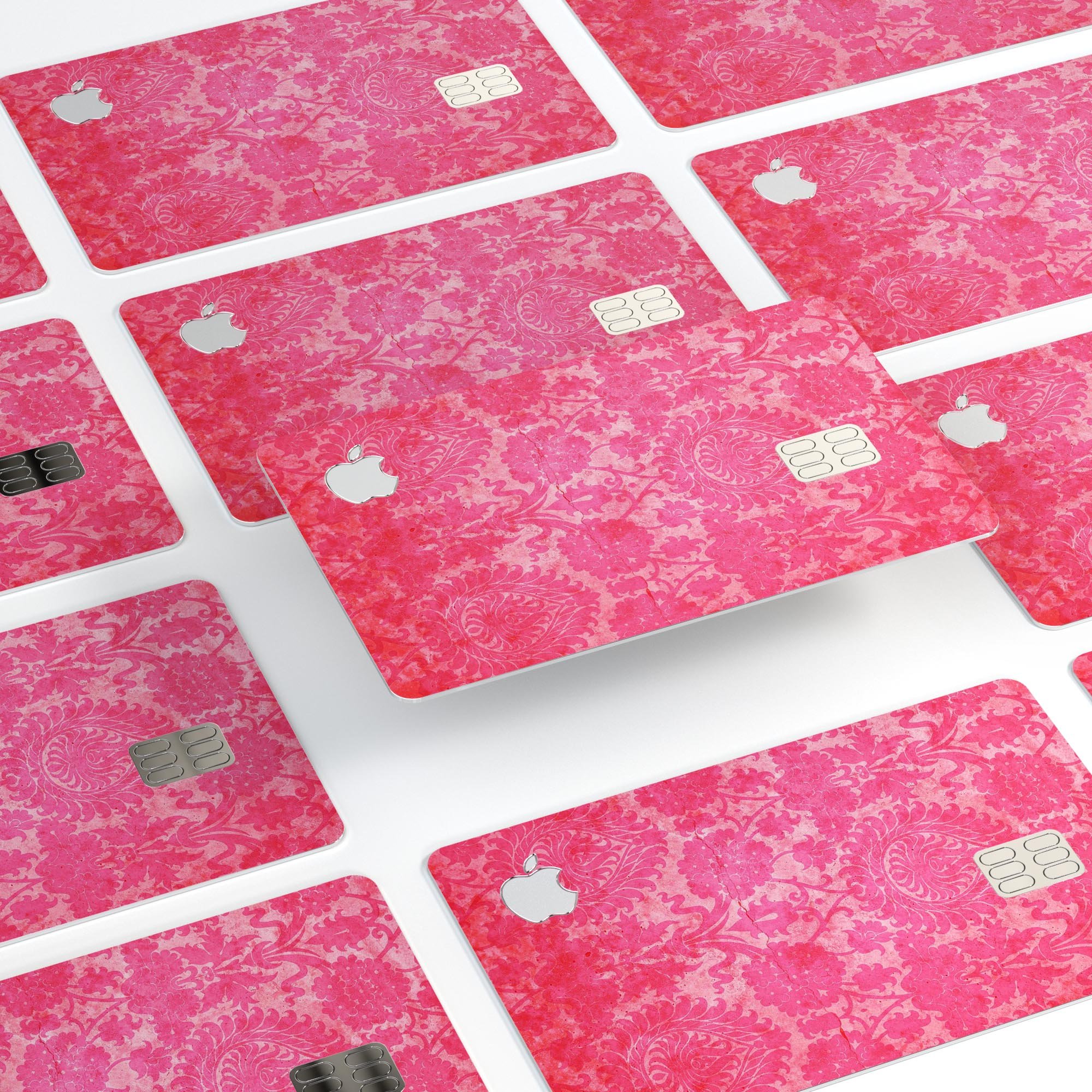 Bright Red Hue Floral Damask Pattern decal for Apple Card, showcasing vibrant floral design and premium vinyl material.