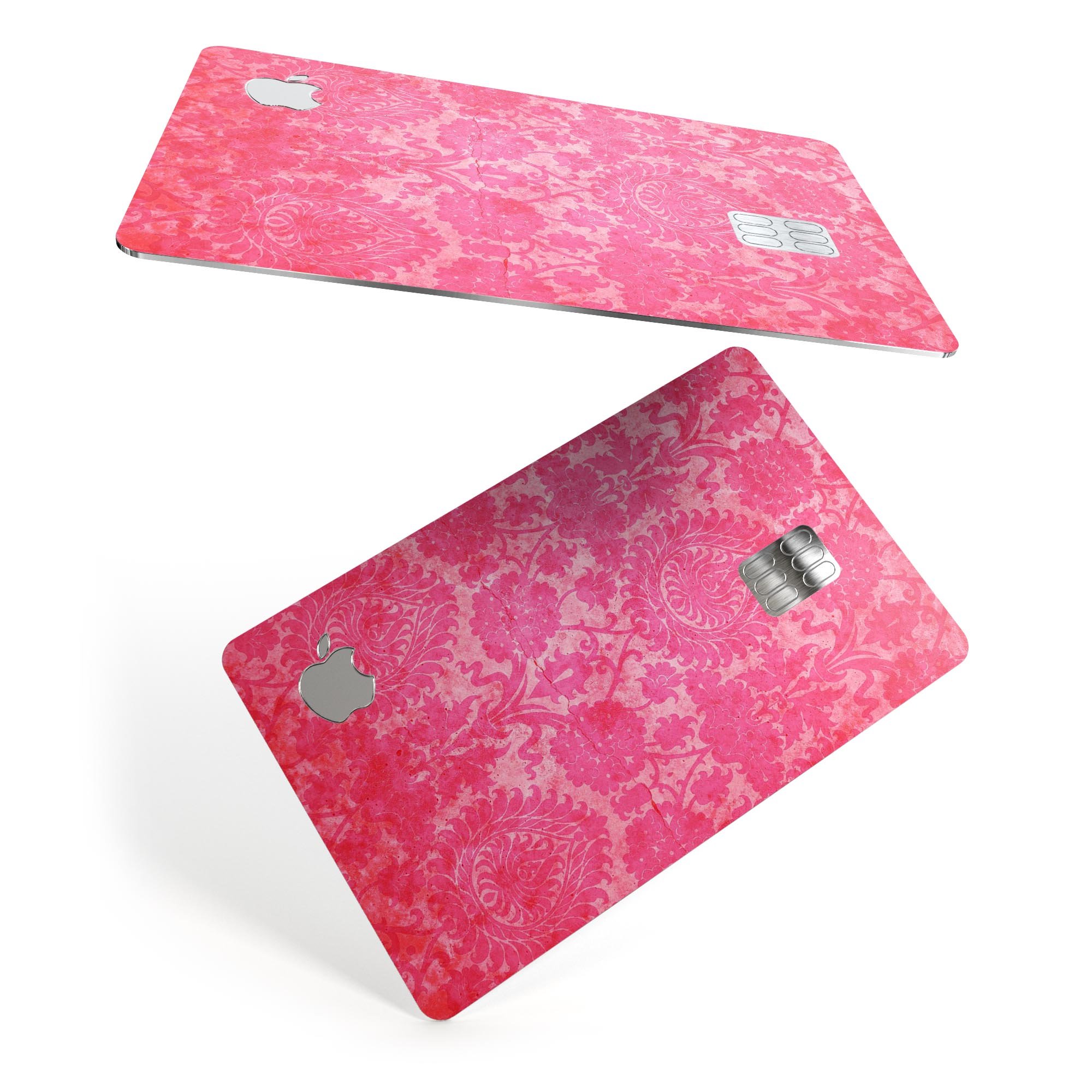 Bright Red Hue Floral Damask Pattern decal for Apple Card, showcasing vibrant floral design and premium vinyl material.