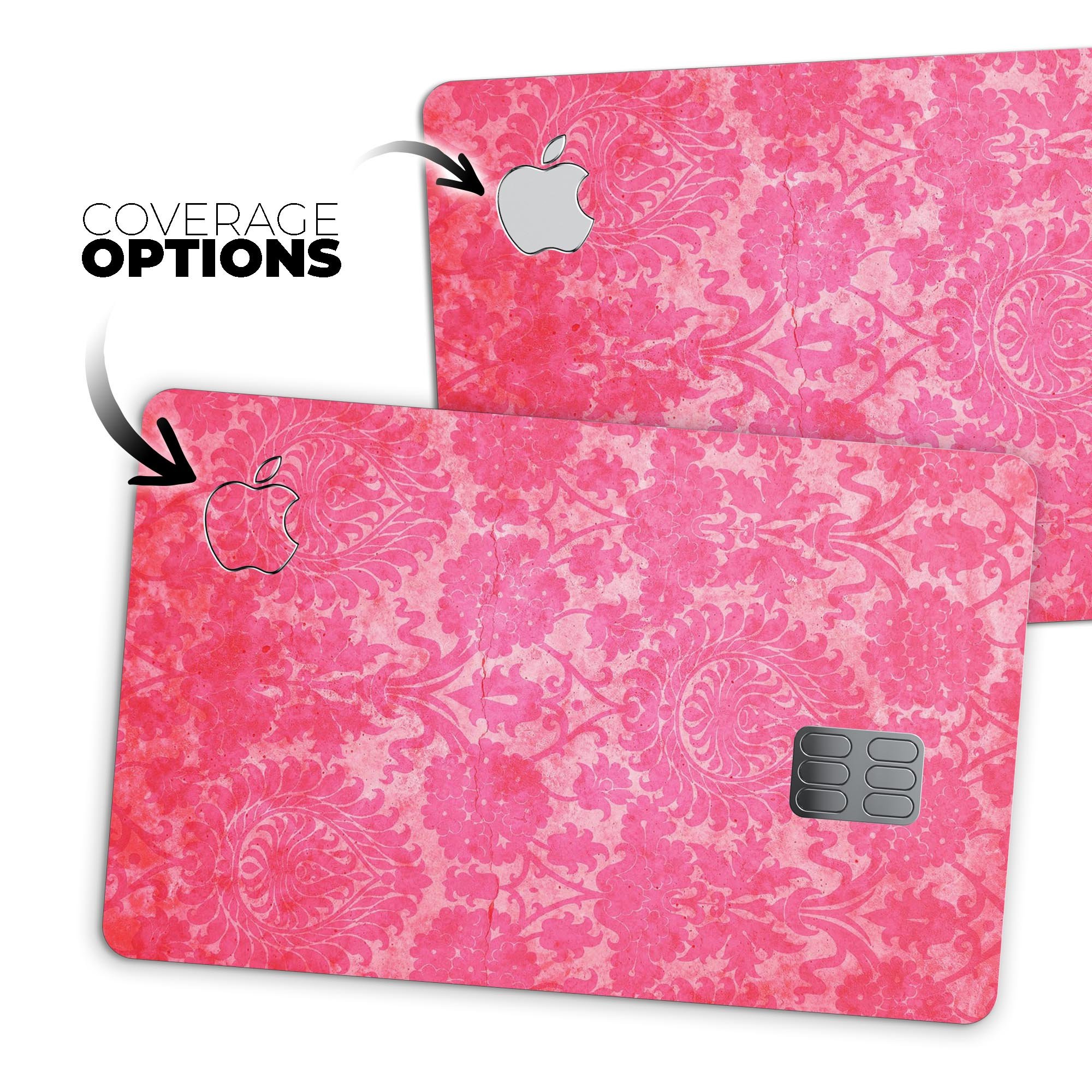 Bright Red Hue Floral Damask Pattern decal for Apple Card, showcasing vibrant floral design and premium vinyl material.