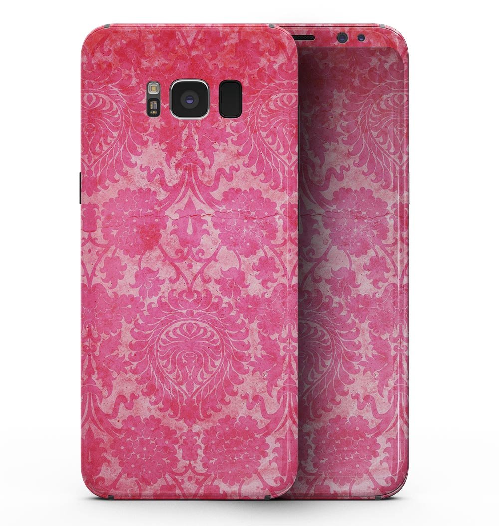 Bright Red Hue Floral Damask Pattern skin for Samsung Galaxy S8, showcasing vibrant floral design on a sleek device.