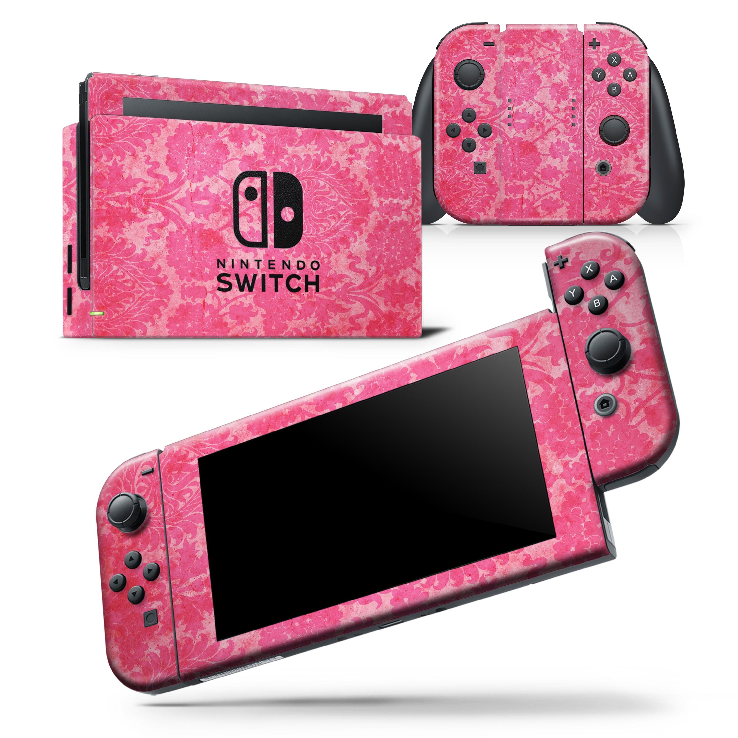 Bright Red Hue Floral Damask Pattern skin wrap decal for Nintendo Switch, showcasing vibrant floral design and premium quality finish.