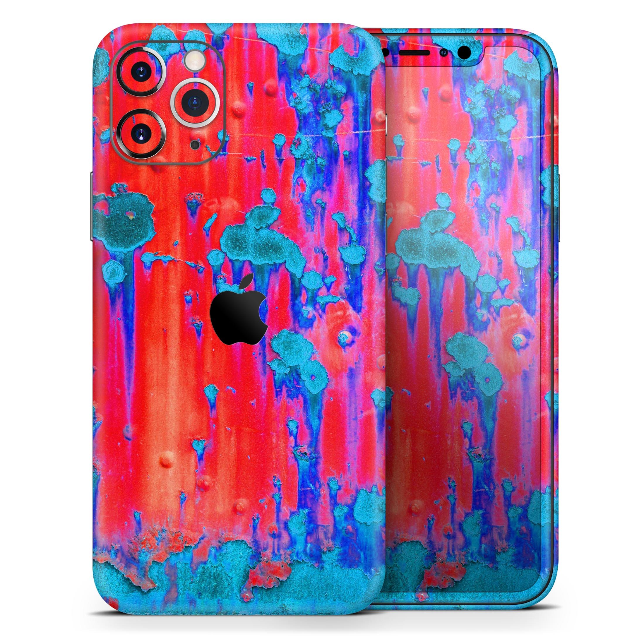 Bright Red v2 Metal skin for iPhone 11 featuring a turquoise rust design, showcasing vibrant colors and a sleek finish.