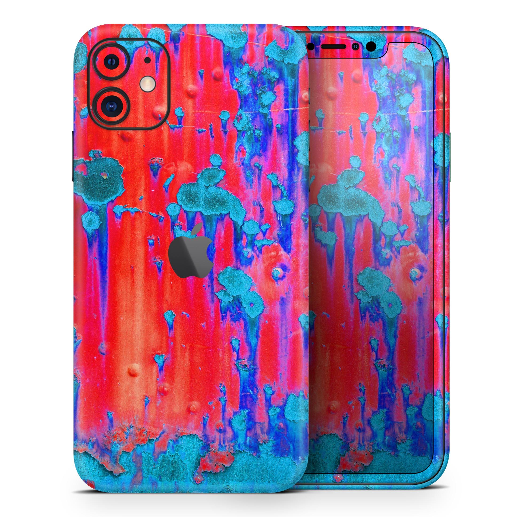 Bright Red v2 Metal skin for iPhone 11 featuring a turquoise rust design, showcasing vibrant colors and a sleek finish.