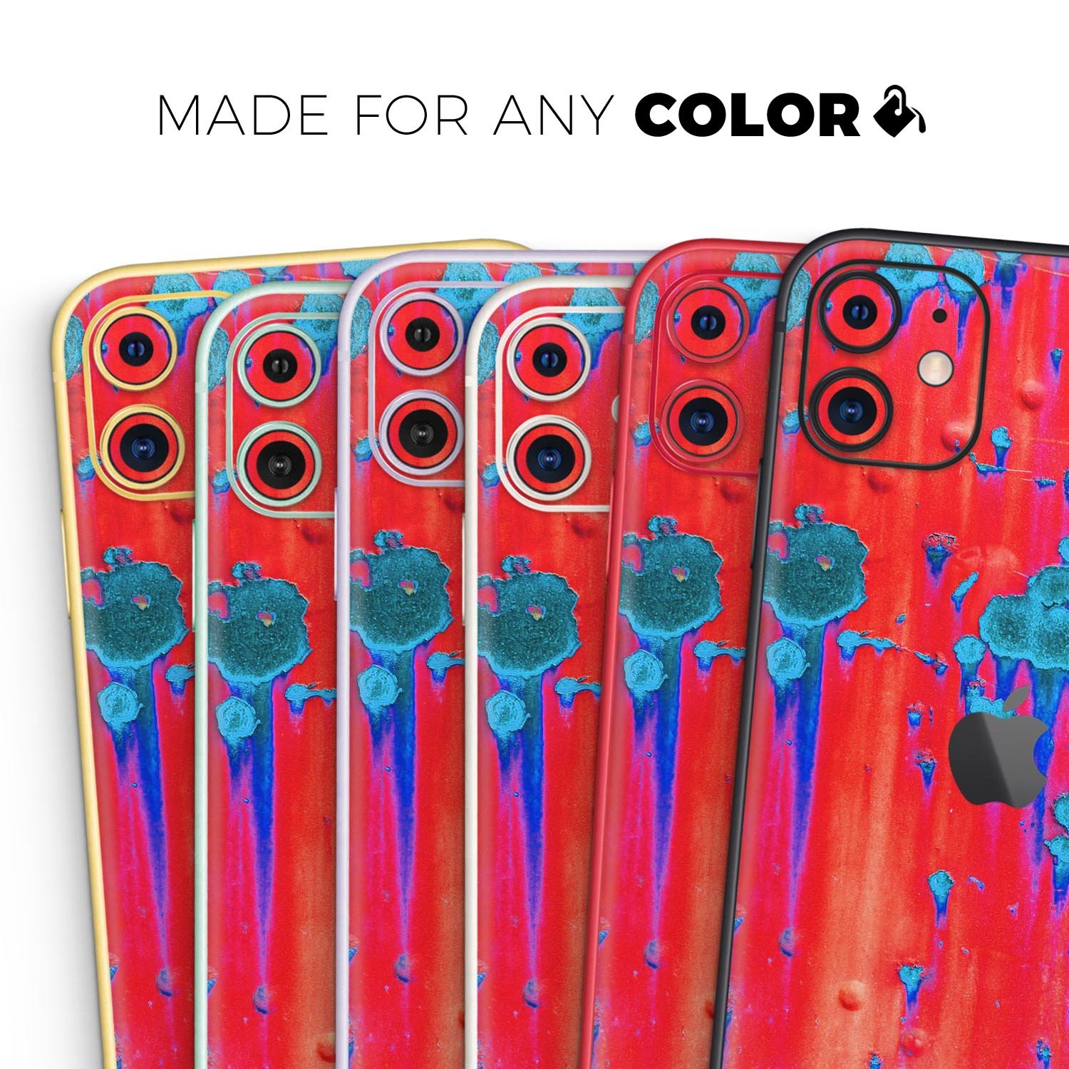 Bright Red v2 Metal skin for iPhone 11 featuring a turquoise rust design, showcasing vibrant colors and a sleek finish.