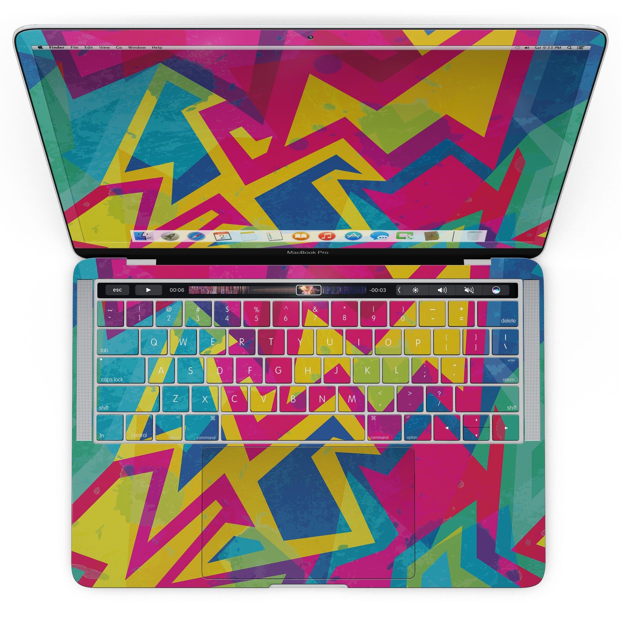 Bright Retro Color-Shapes skin kit for MacBook Pro with Touch Bar, showcasing vibrant colors and unique shapes for stylish protection.