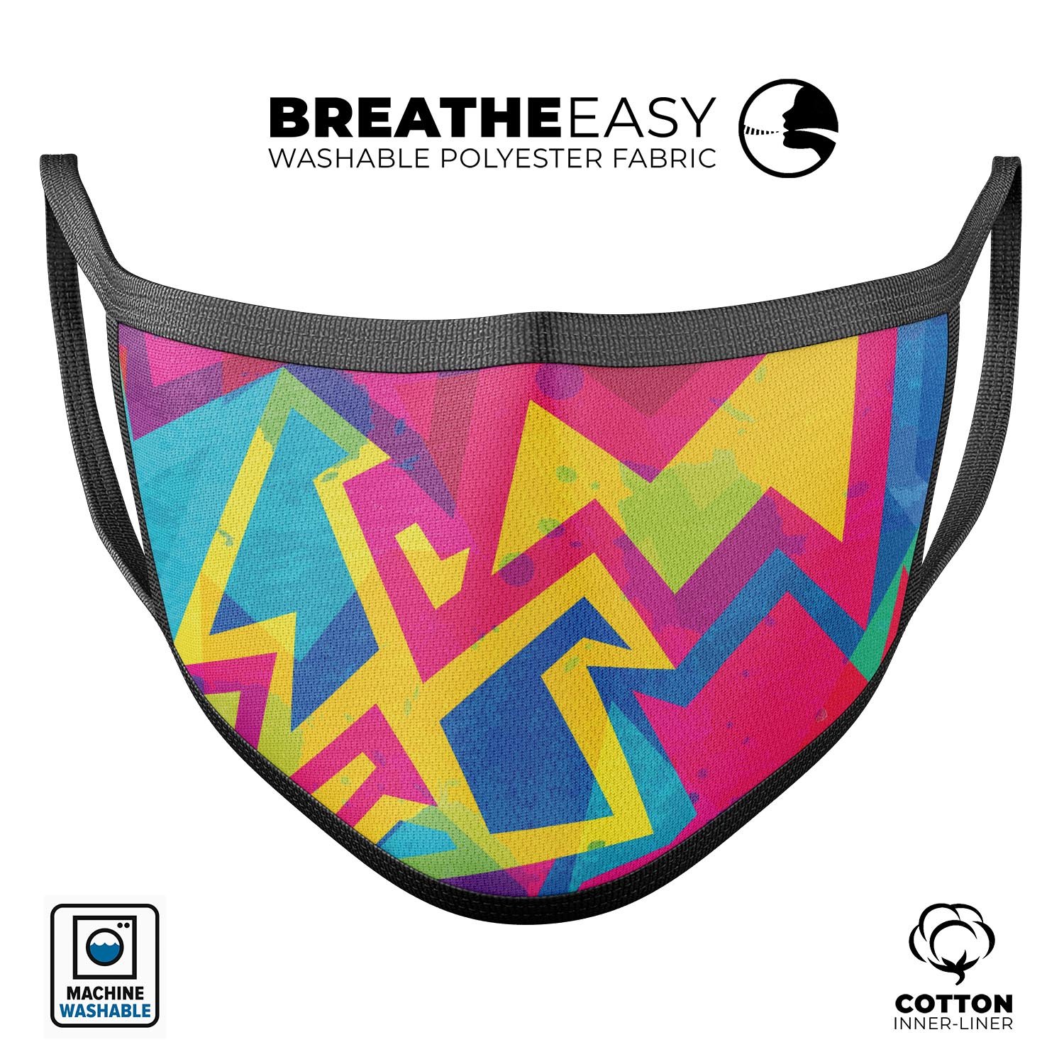 Bright Retro Color-Shapes mouth cover, featuring a vibrant design, made from memory foam and cotton, adjustable ear loops for a perfect fit.