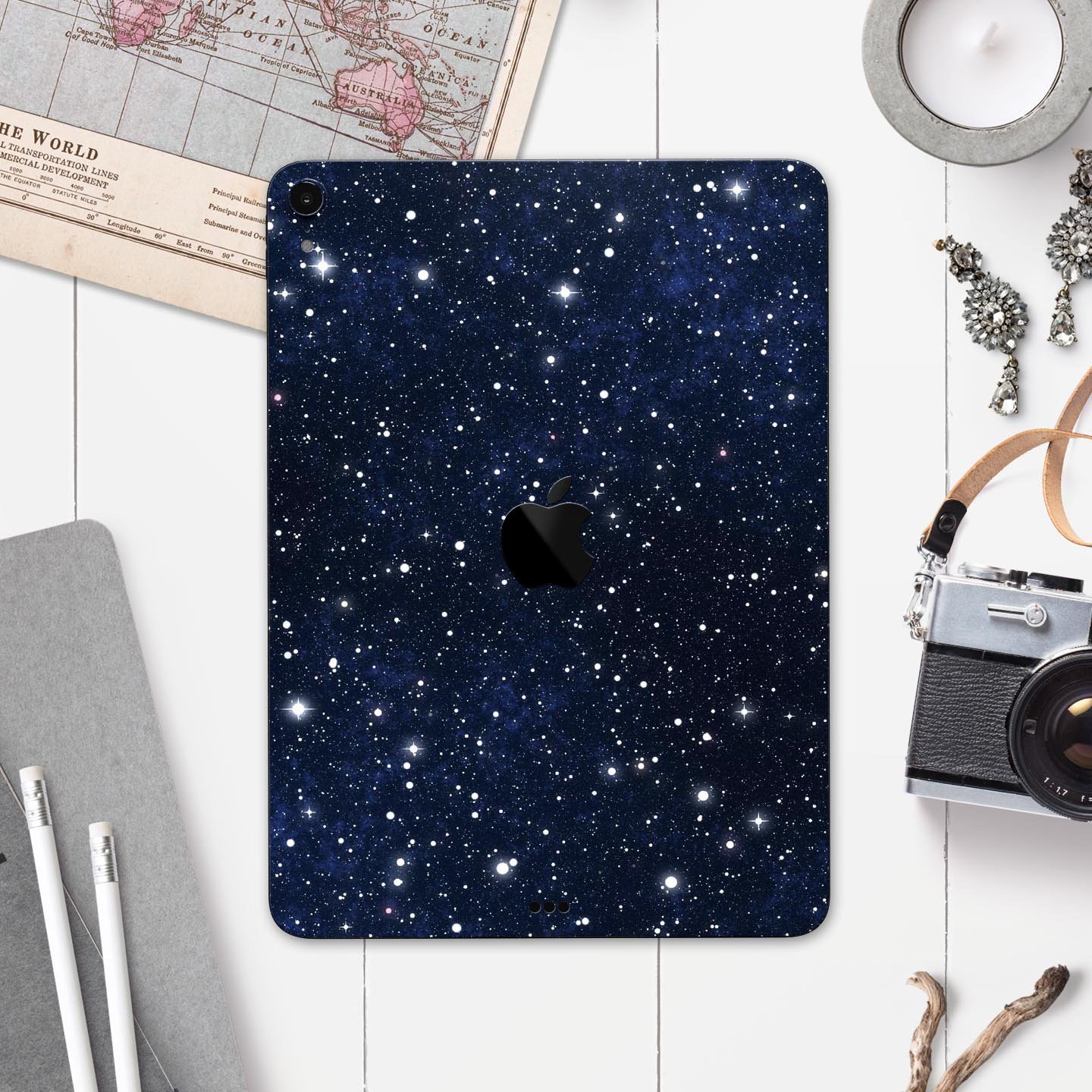 Bright Starry Sky Full Body Skin Decal for Apple iPad Pro 12.9", showcasing a vibrant starry design with premium finish.