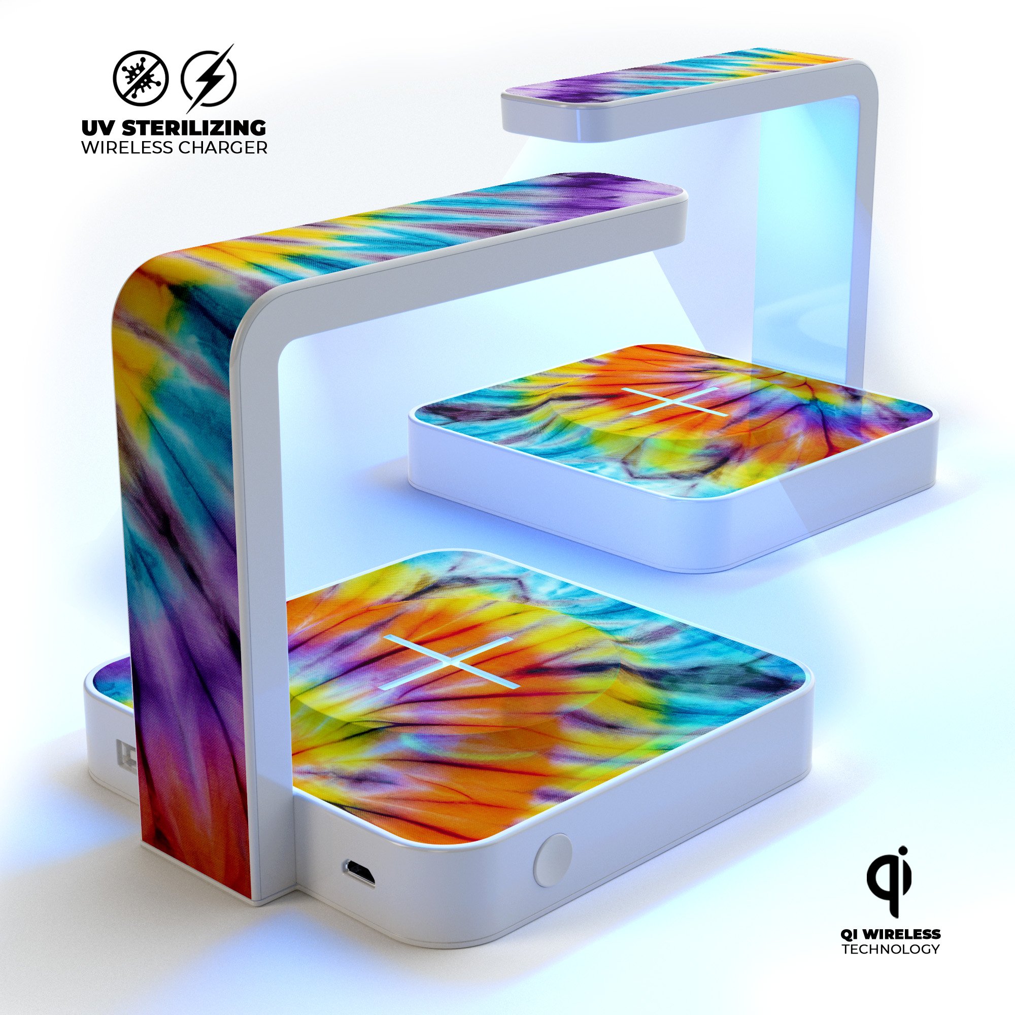 Bright Tie Dyed V1 UV Germicidal Sanitizing Wireless Charger with decorative skin, showcasing its sleek design and functionality.