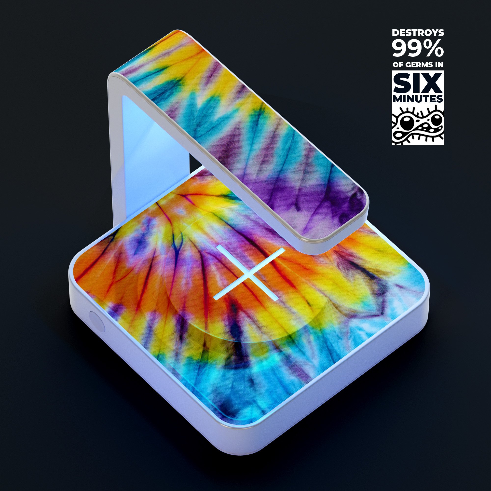 Bright Tie Dyed V1 UV Germicidal Sanitizing Wireless Charger with decorative skin, showcasing its sleek design and functionality.