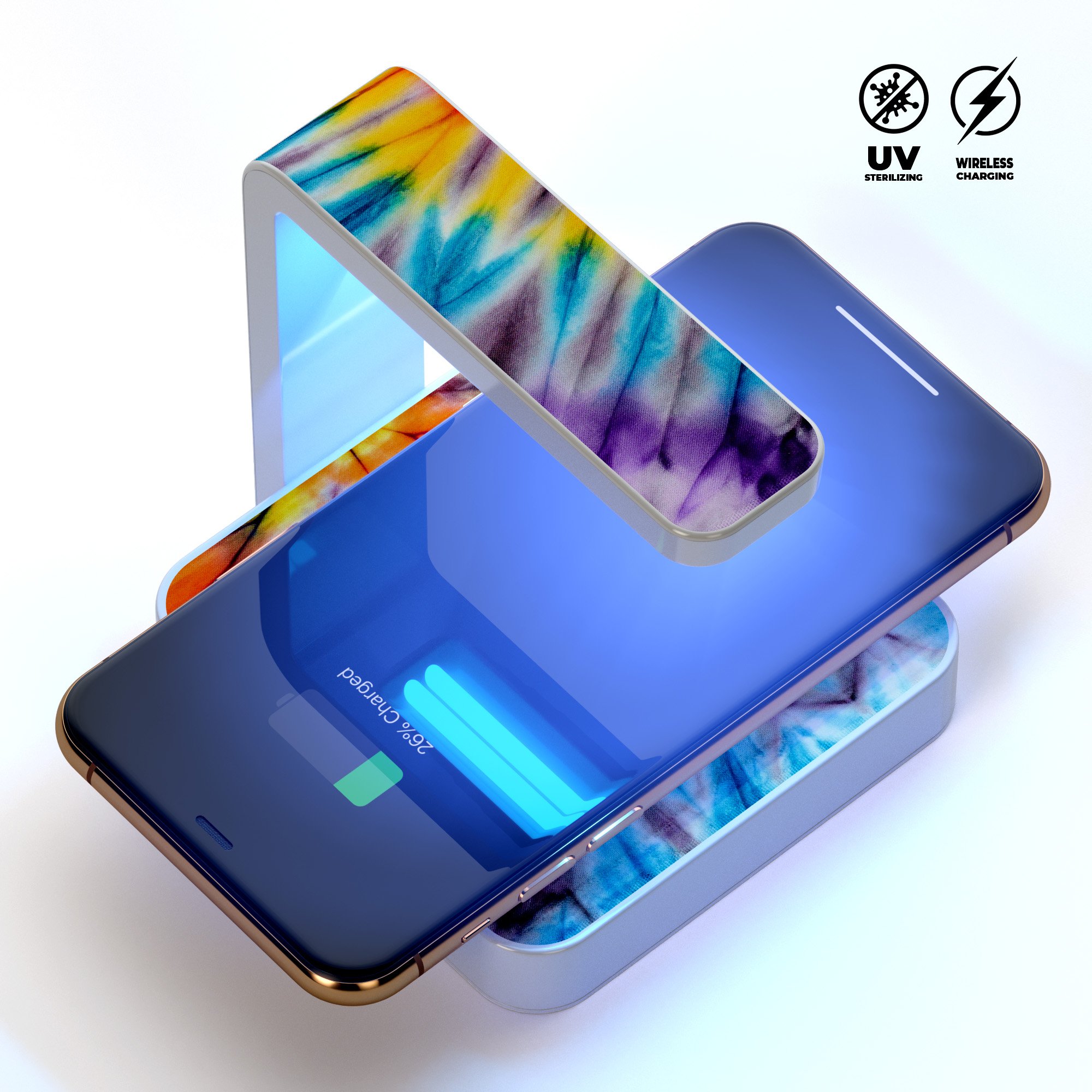 Bright Tie Dyed V1 UV Germicidal Sanitizing Wireless Charger with decorative skin, showcasing its sleek design and functionality.