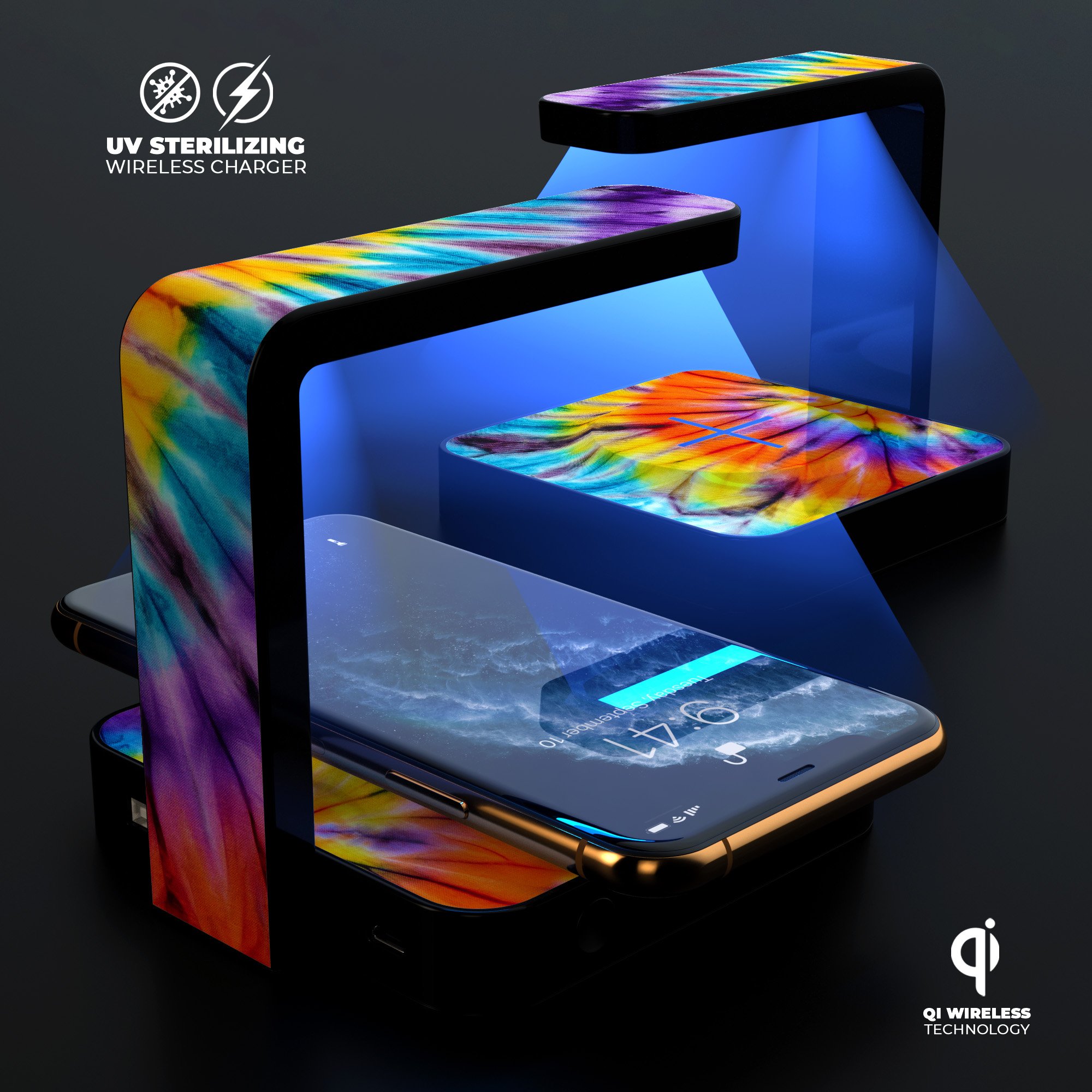 Bright Tie Dyed V1 UV Germicidal Sanitizing Wireless Charger with decorative skin, showcasing its sleek design and functionality.