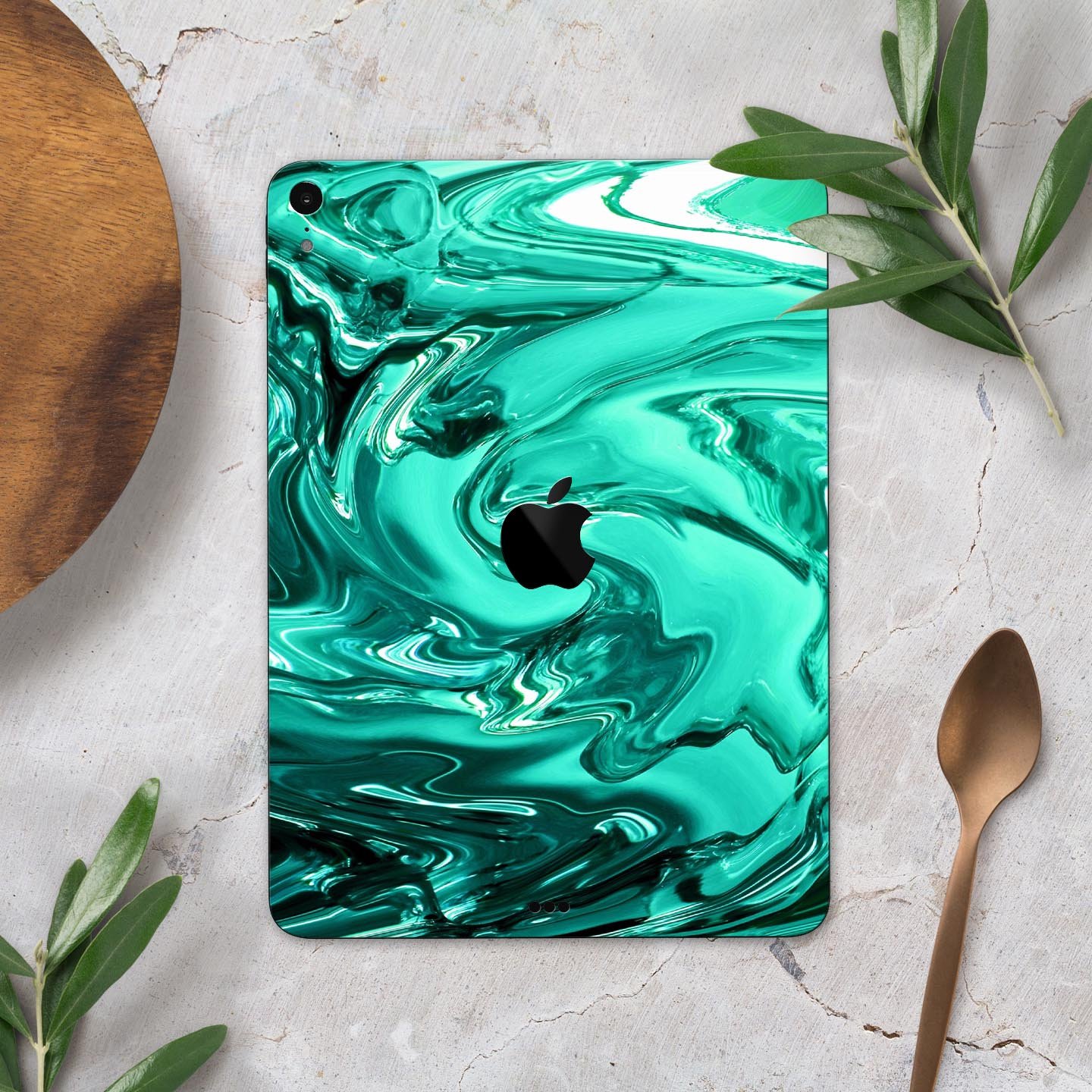 Bright trendy green swirled full body skin decal for Apple devices, showcasing vibrant colors and a sleek design.