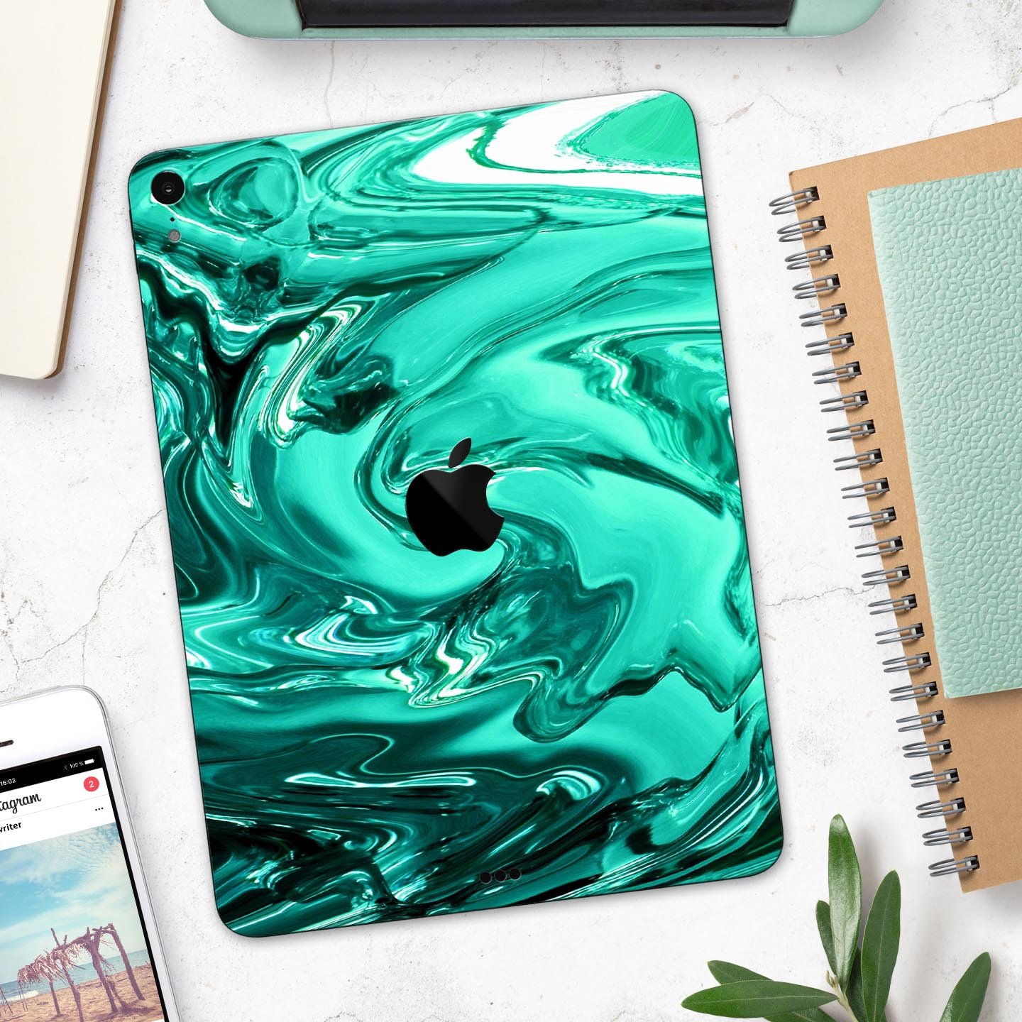 Bright trendy green swirled full body skin decal for Apple devices, showcasing vibrant colors and a sleek design.