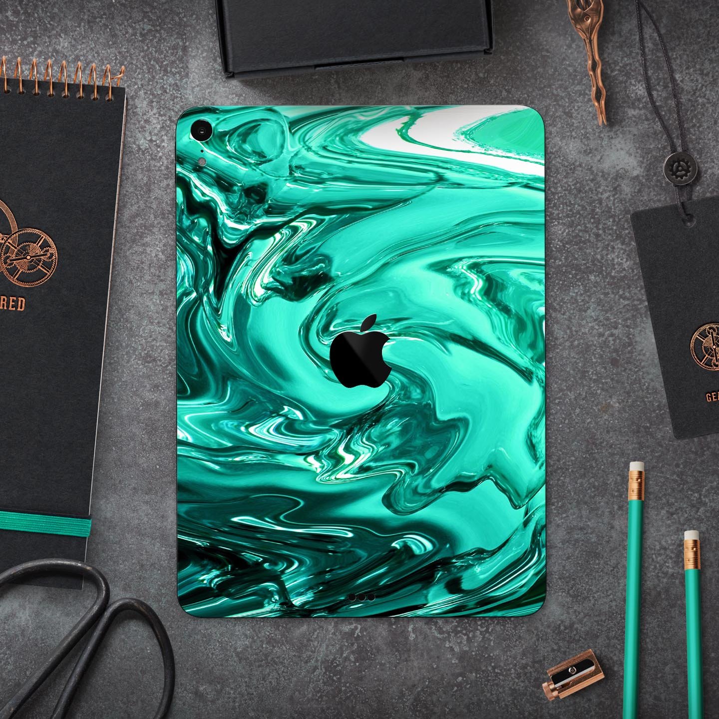 Bright trendy green swirled full body skin decal for Apple devices, showcasing vibrant colors and a sleek design.