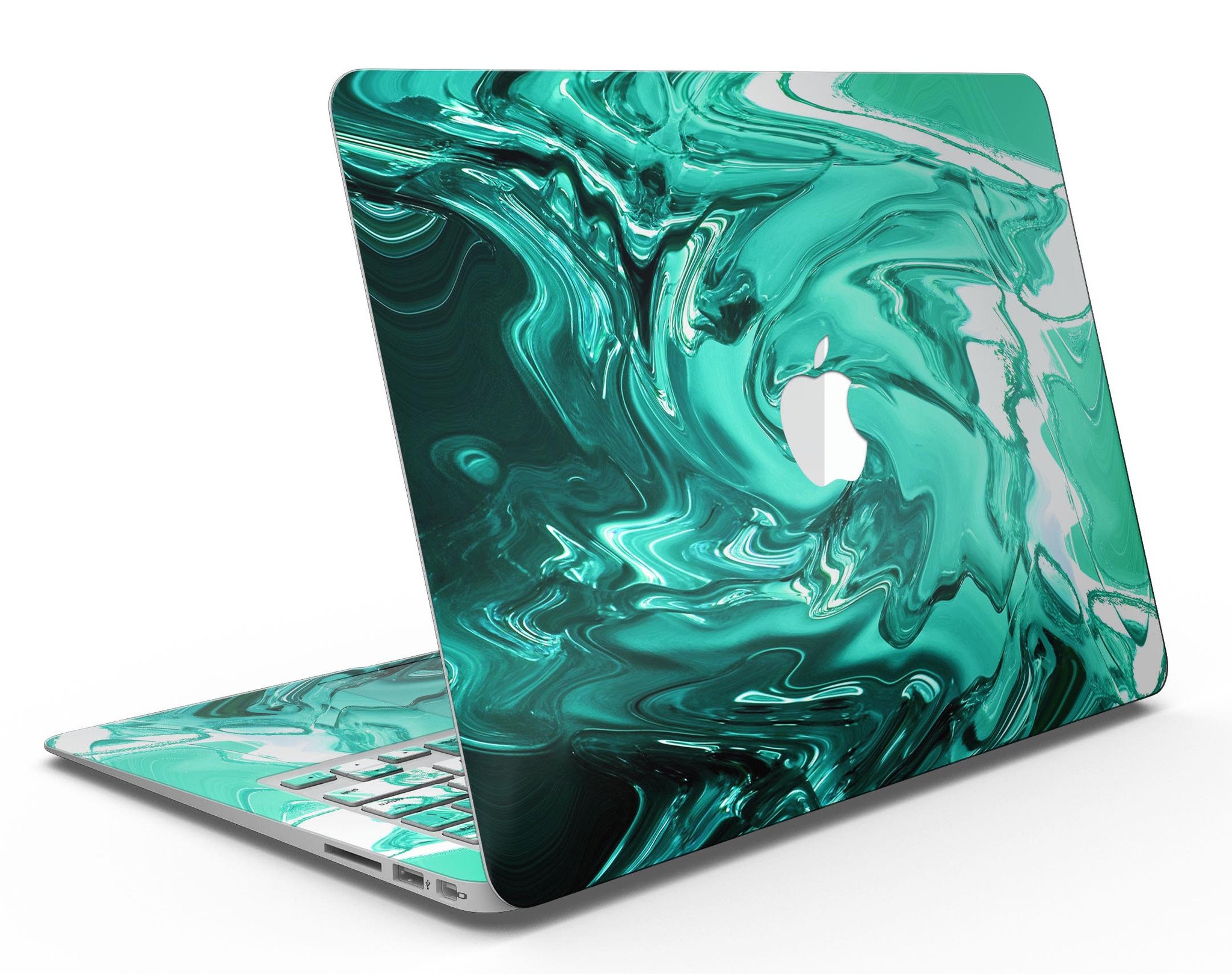 Bright Trendy Green Color Swirled MacBook Air Skin Kit showcasing vibrant green swirls on premium vinyl material.