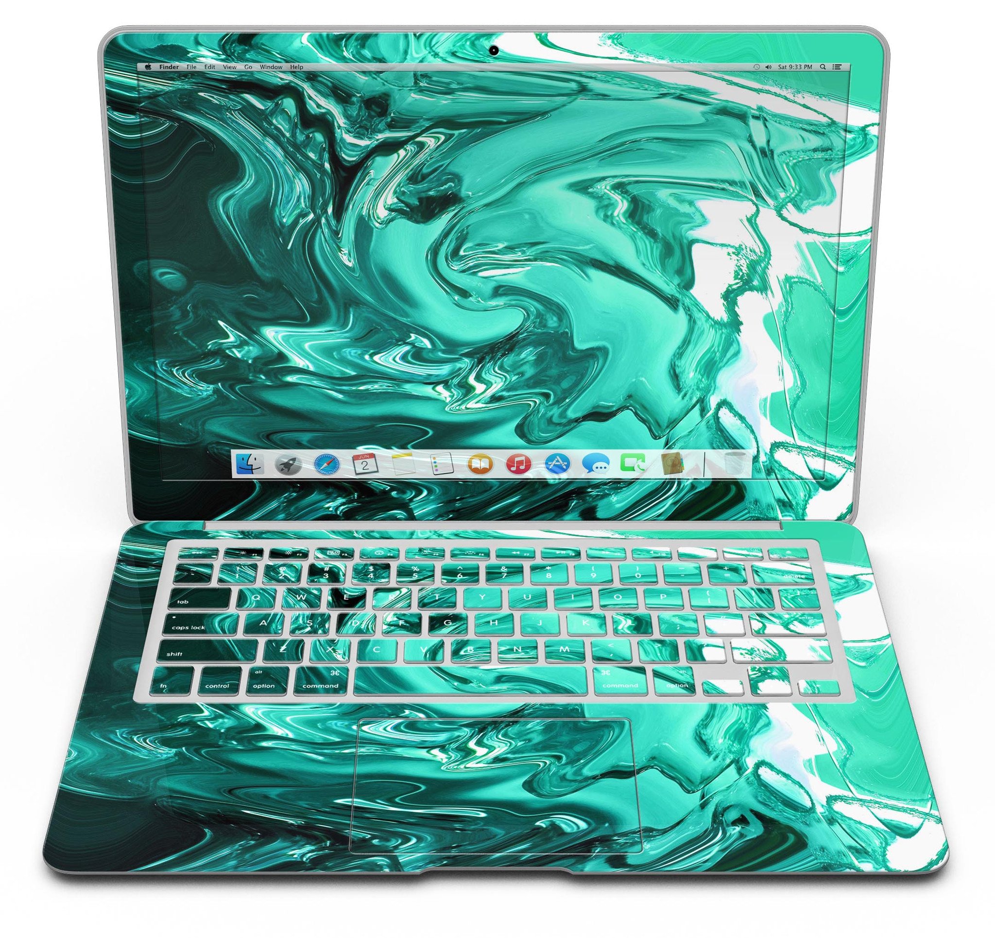 Bright Trendy Green Color Swirled MacBook Air Skin Kit showcasing vibrant green swirls on premium vinyl material.