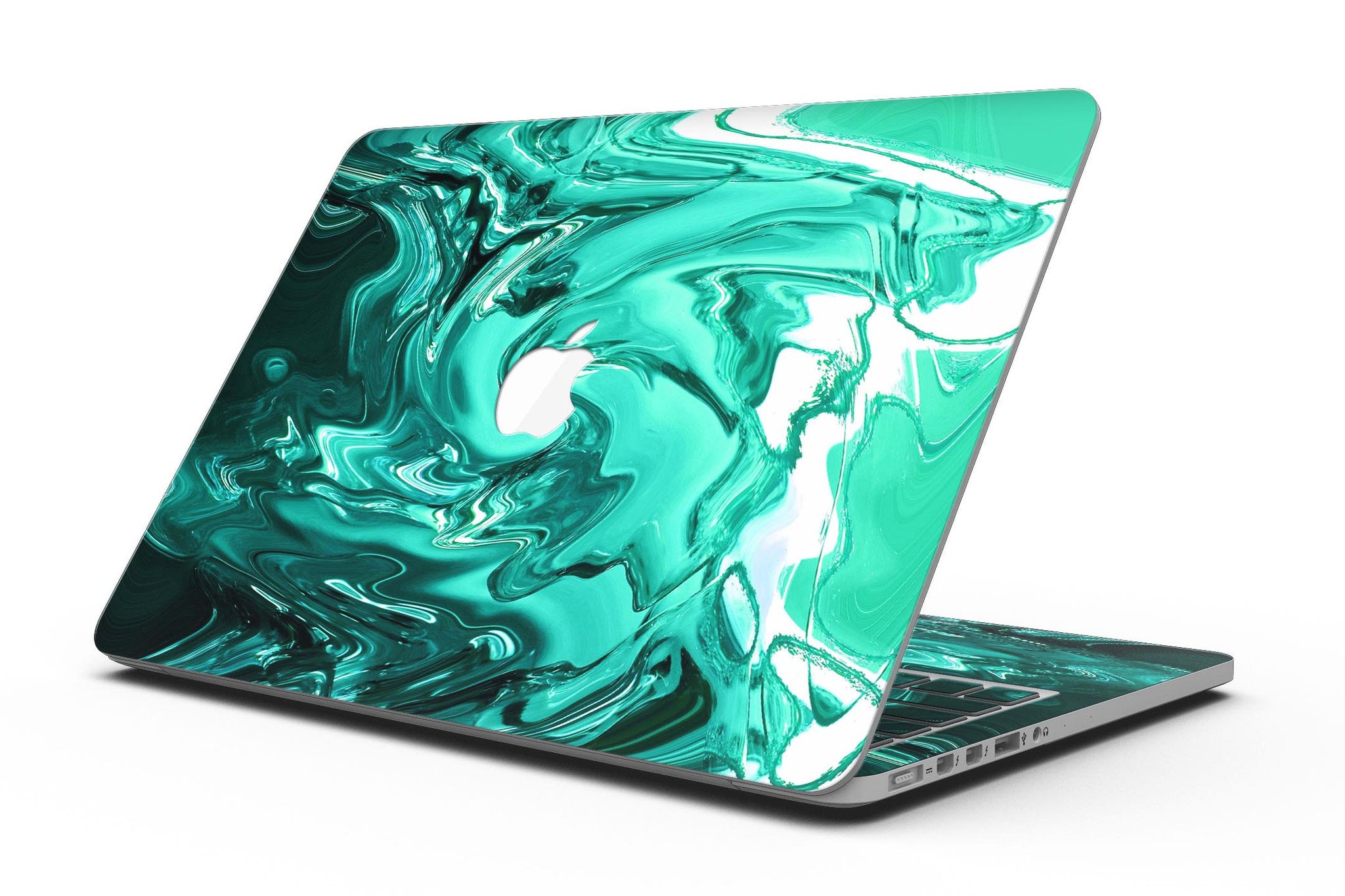 Bright trendy green swirled skin for MacBook Pro with Retina Display, showcasing vibrant colors and sleek design.