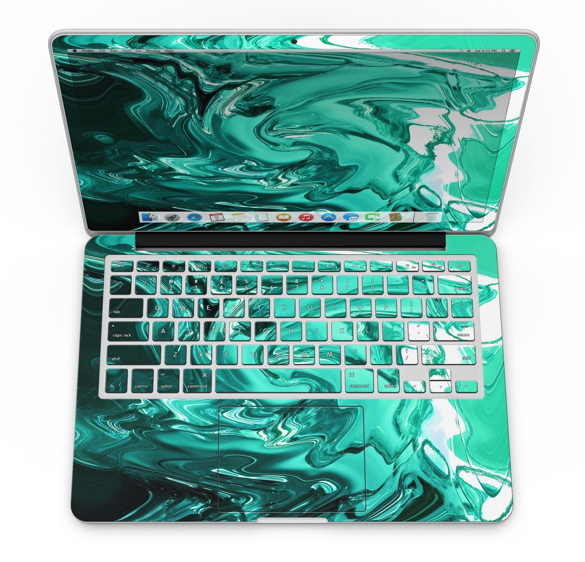 Bright trendy green swirled skin for MacBook Pro with Retina Display, showcasing vibrant colors and sleek design.