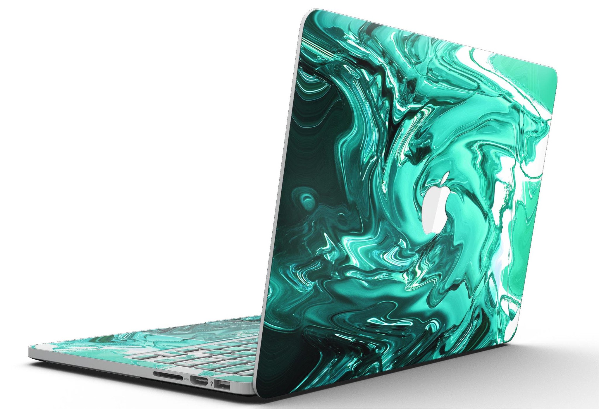 Bright trendy green swirled skin for MacBook Pro with Retina Display, showcasing vibrant colors and sleek design.