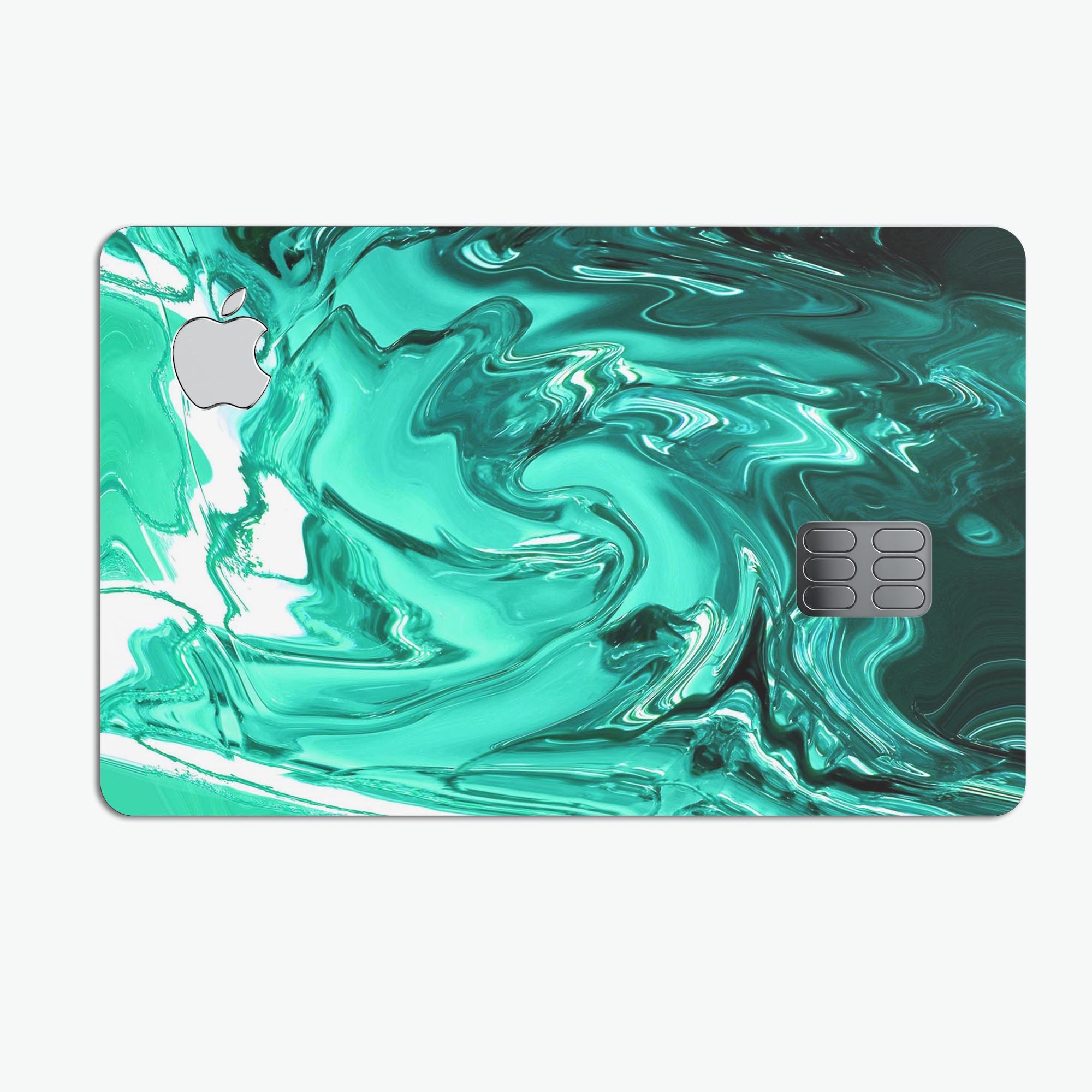 Bright trendy green swirled premium decal skin-kit for Apple Card, showcasing its vibrant design and protective features.