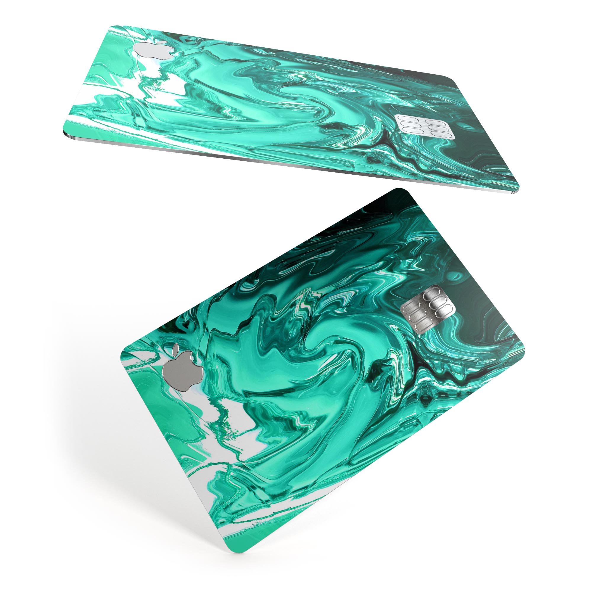 Bright trendy green swirled premium decal skin-kit for Apple Card, showcasing its vibrant design and protective features.