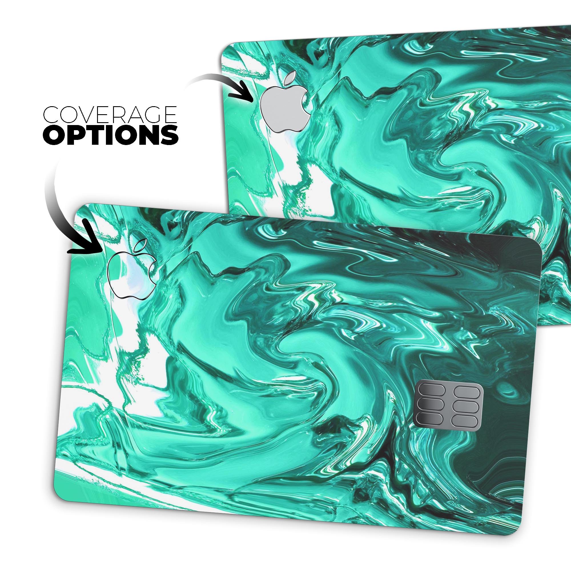 Bright trendy green swirled premium decal skin-kit for Apple Card, showcasing its vibrant design and protective features.