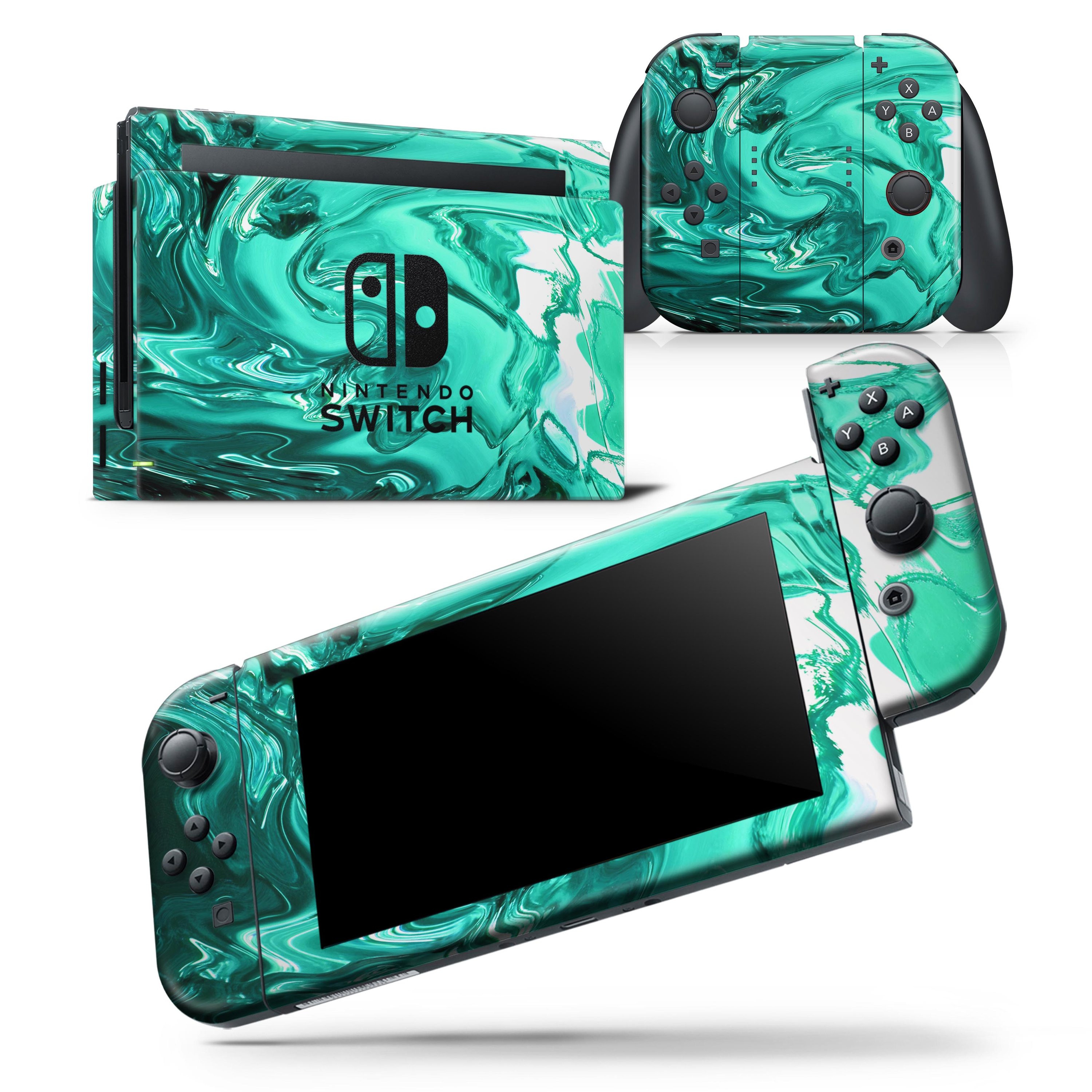 Bright trendy green swirled skin wrap decal for Nintendo Switch, showcasing a vibrant design that fits the console and controllers perfectly.