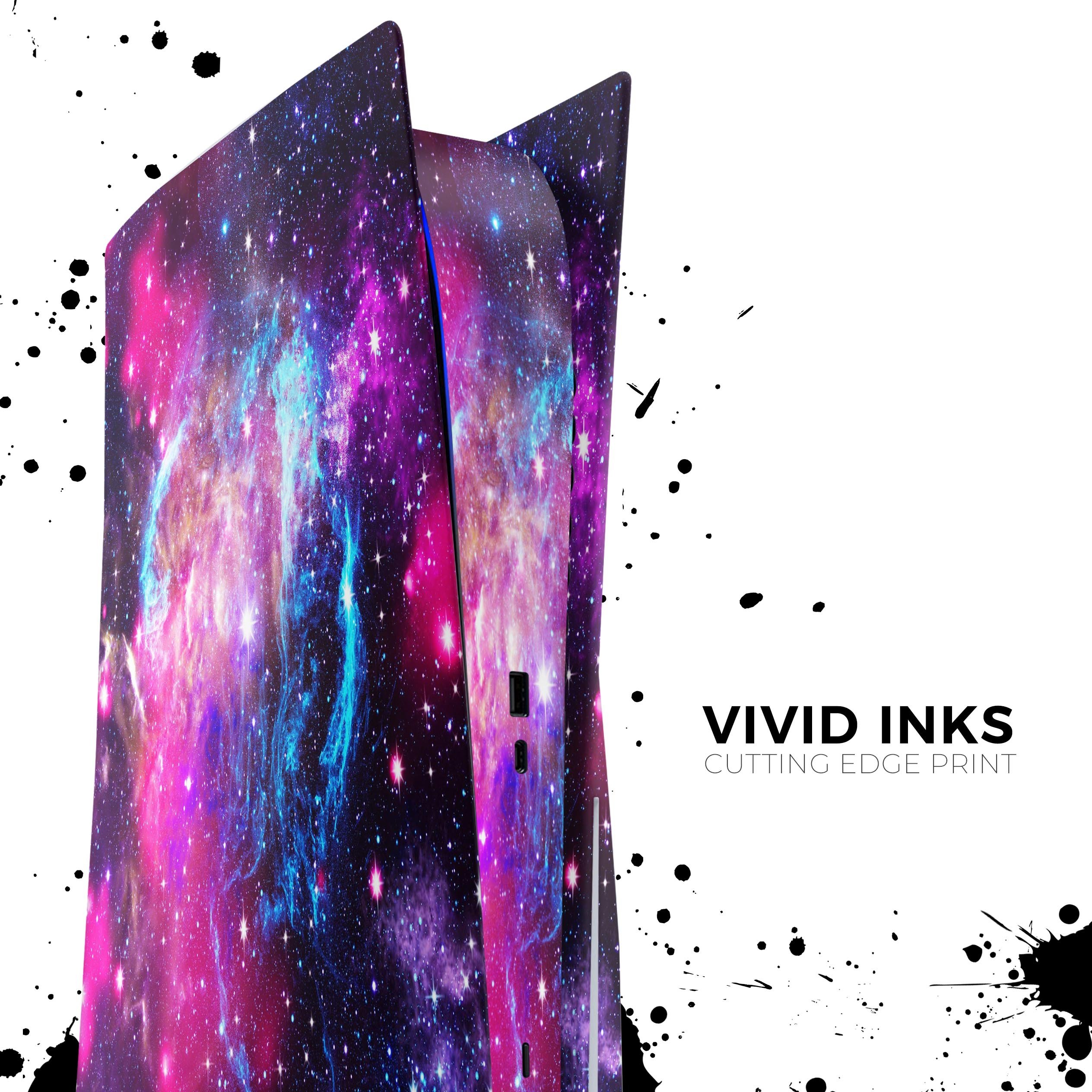 Bright Trippy Space full body skin decal wrap kit for Sony Playstation 5, showcasing vibrant colors and a sleek design.