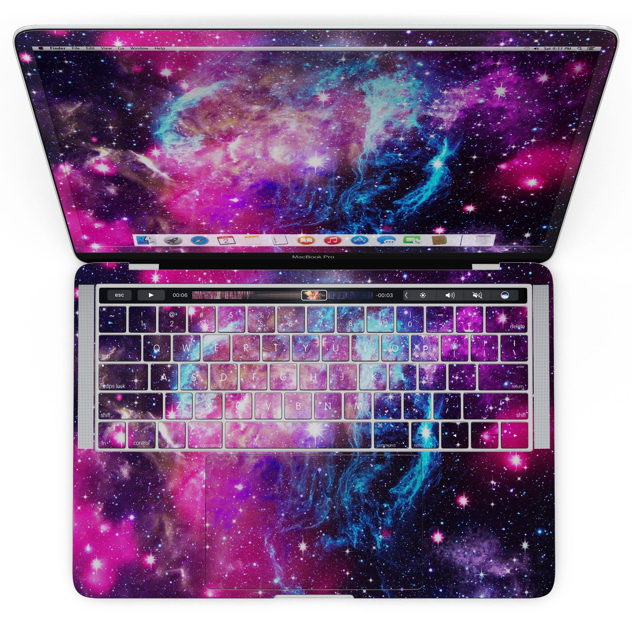 Bright Trippy Space skin kit for MacBook Pro with Touch Bar, showcasing vibrant colors and unique design.