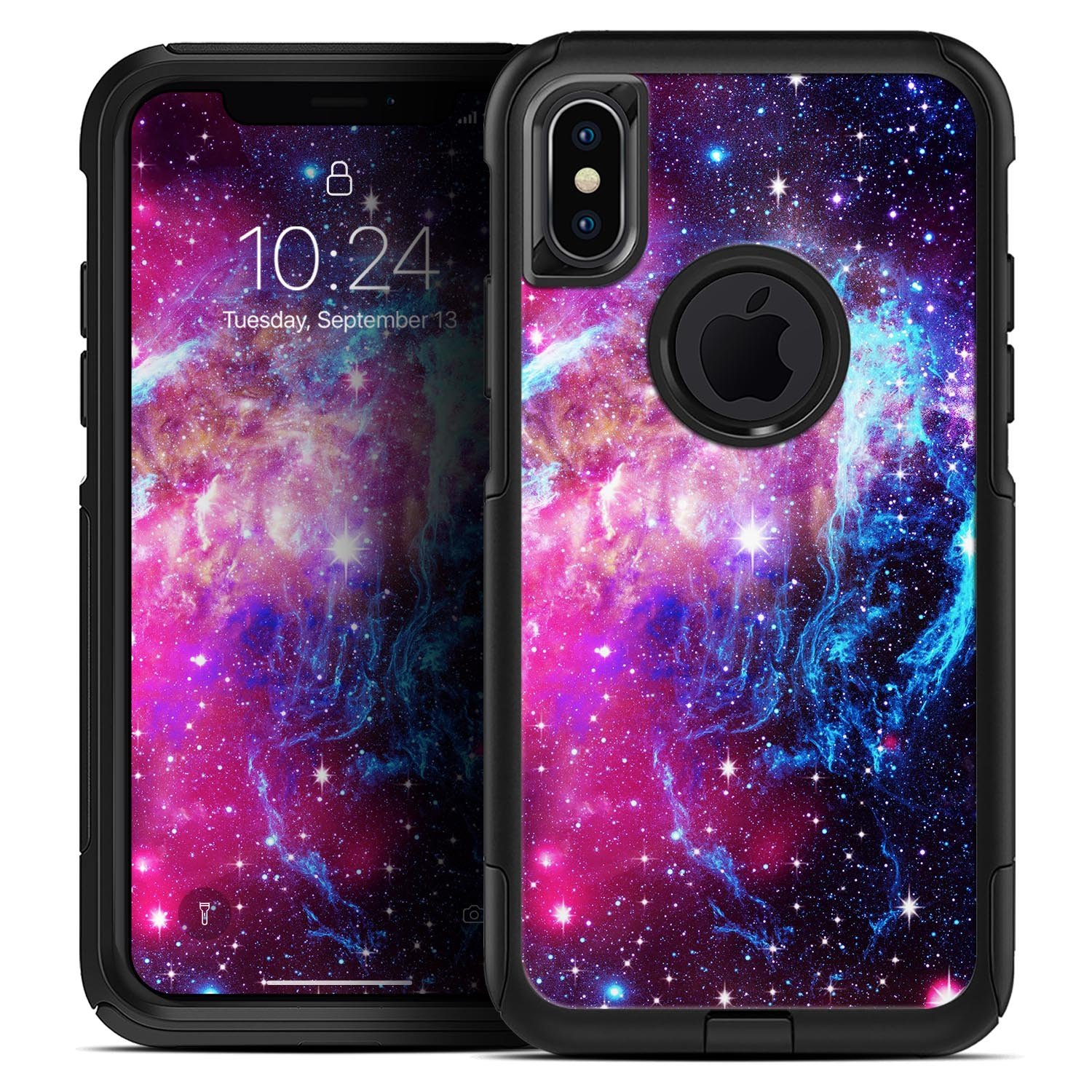 Bright Trippy Space Skin Kit for iPhone OtterBox cases featuring vibrant colors and intricate designs.