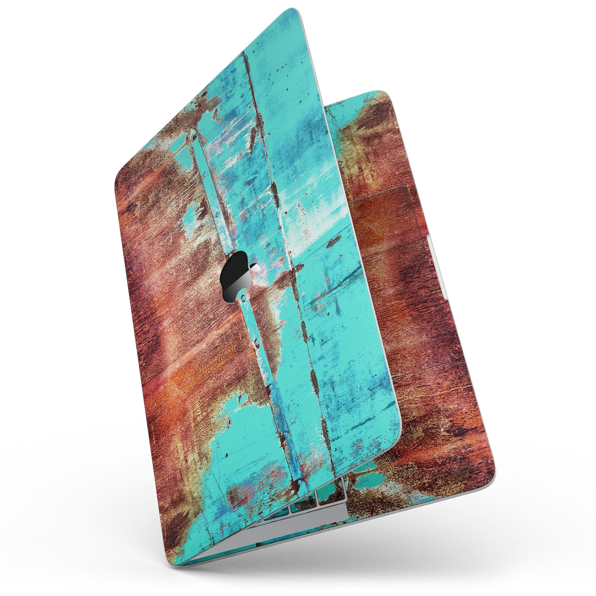 Bright turquoise rusted surface skin for a 13-inch MacBook Pro without Touch Bar, showcasing vibrant color and texture.