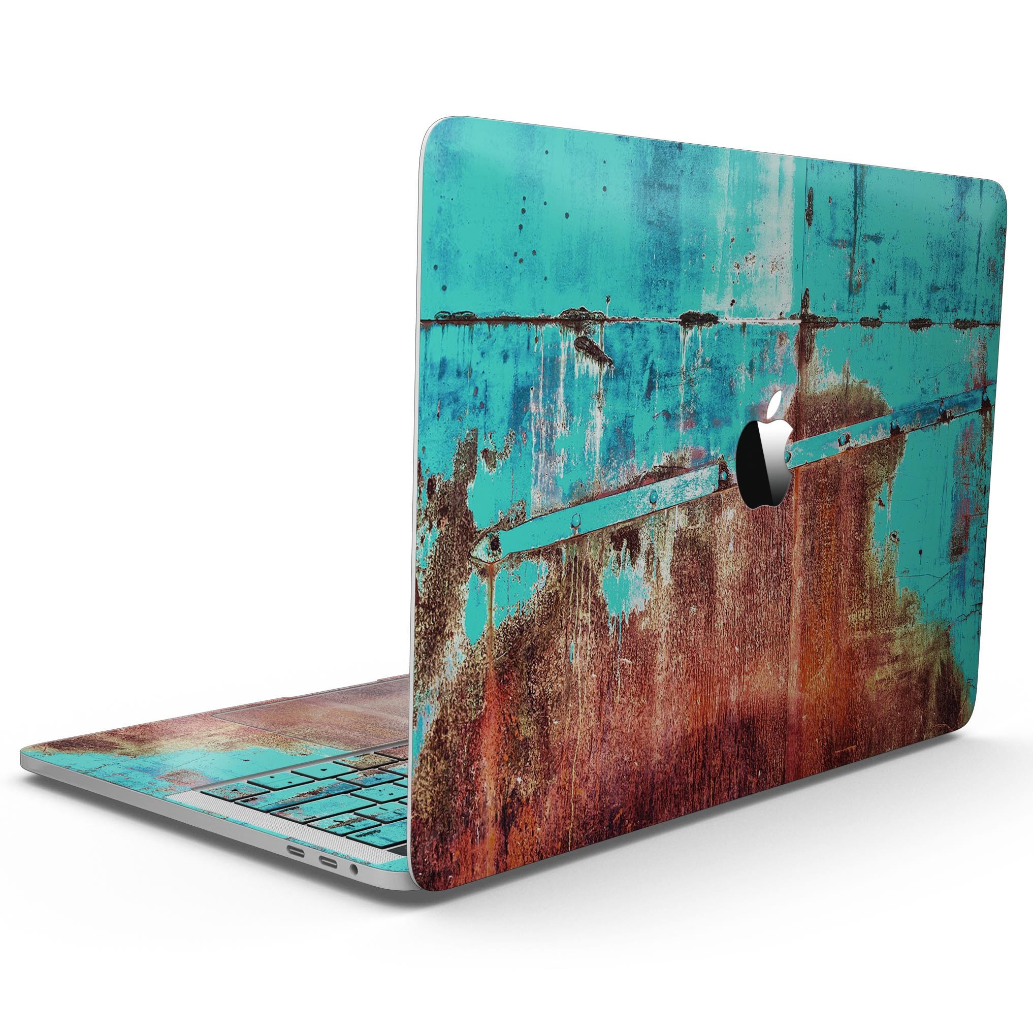 Bright turquoise rusted surface skin for a 13-inch MacBook Pro without Touch Bar, showcasing vibrant color and texture.