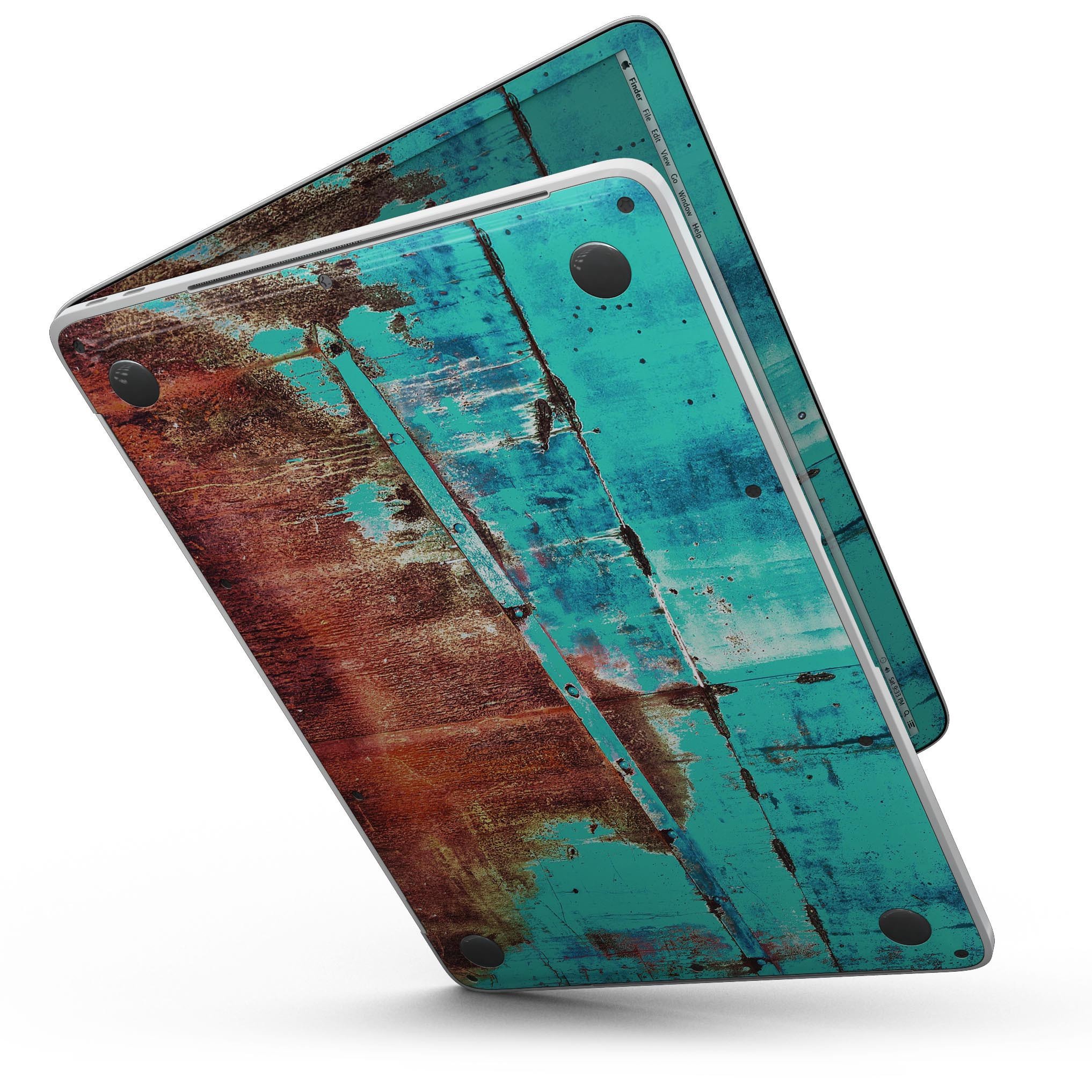 Bright turquoise rusted surface skin for a 13-inch MacBook Pro without Touch Bar, showcasing vibrant color and texture.