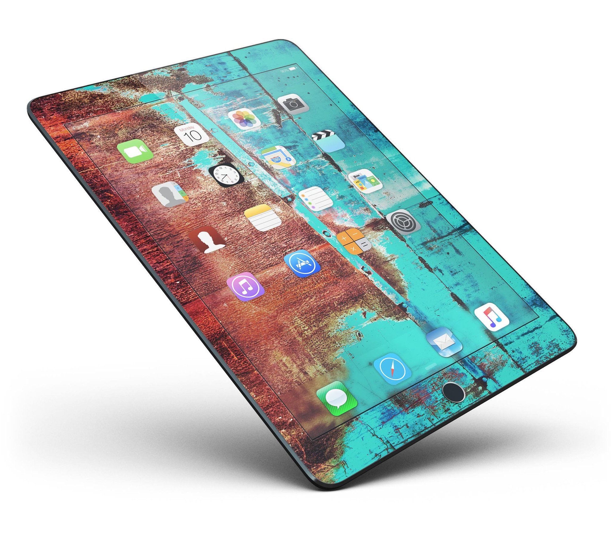 Bright turquoise rusted surface skin for iPad Pro 12.9", showcasing vibrant colors and unique design.