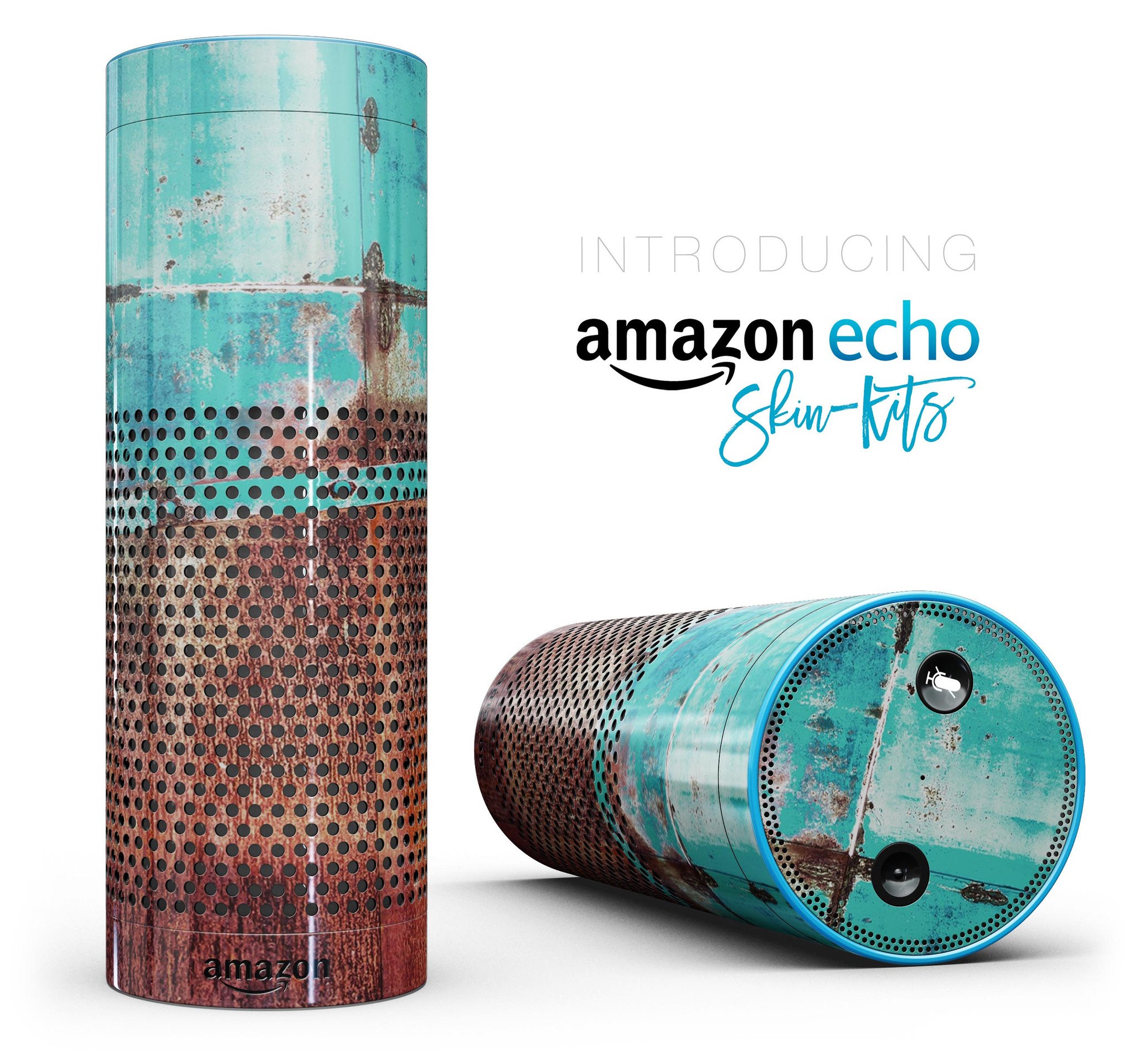 Bright turquoise rusted surface skin-kit for Amazon Echo, showcasing vibrant color and unique design.