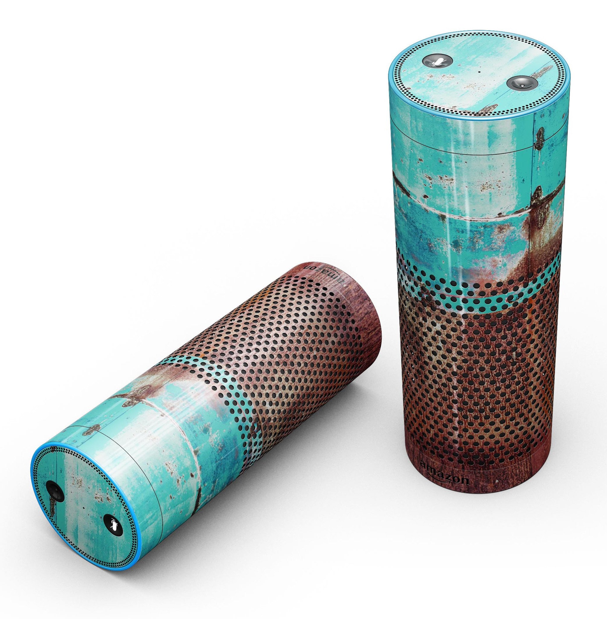 Bright turquoise rusted surface skin-kit for Amazon Echo, showcasing vibrant color and unique design.