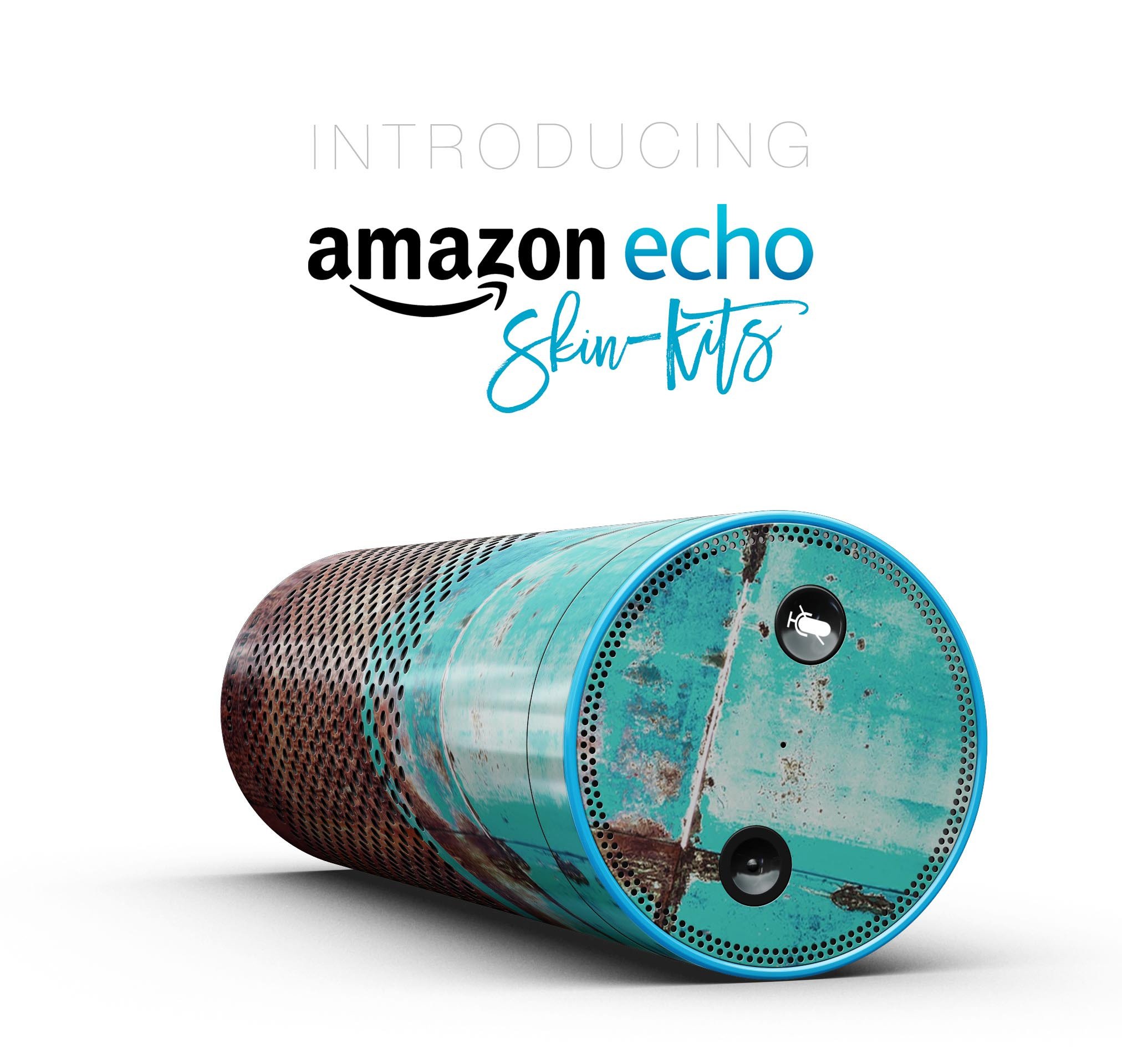 Bright turquoise rusted surface skin-kit for Amazon Echo, showcasing vibrant color and unique design.