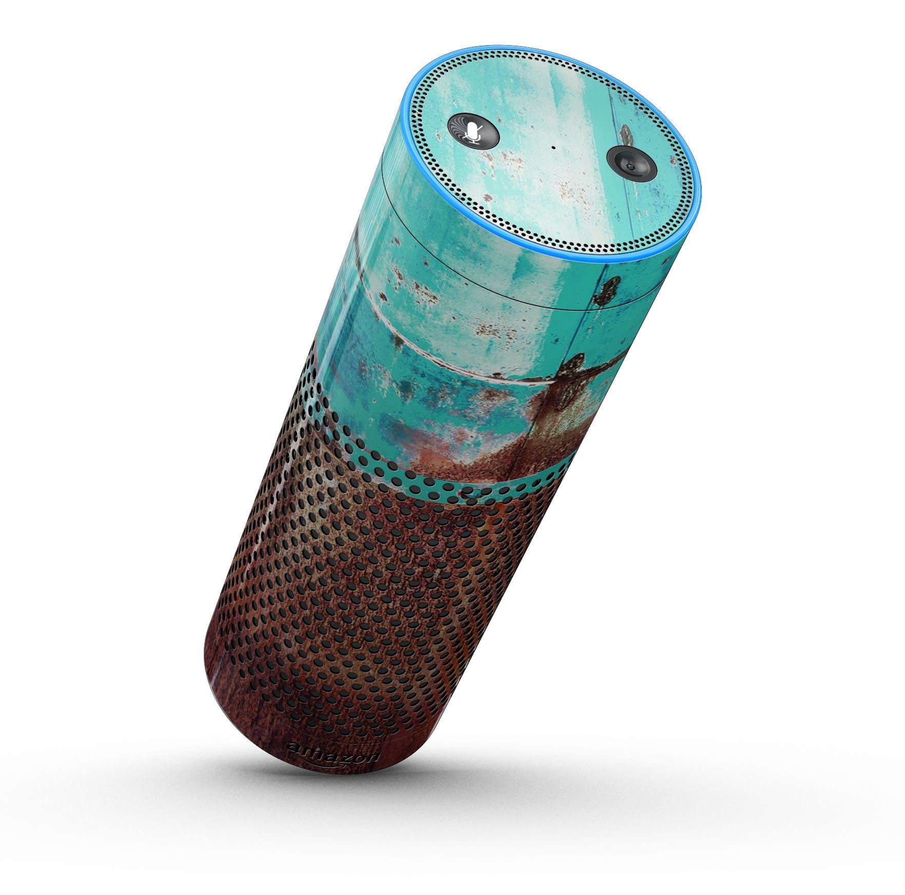 Bright turquoise rusted surface skin-kit for Amazon Echo, showcasing vibrant color and unique design.