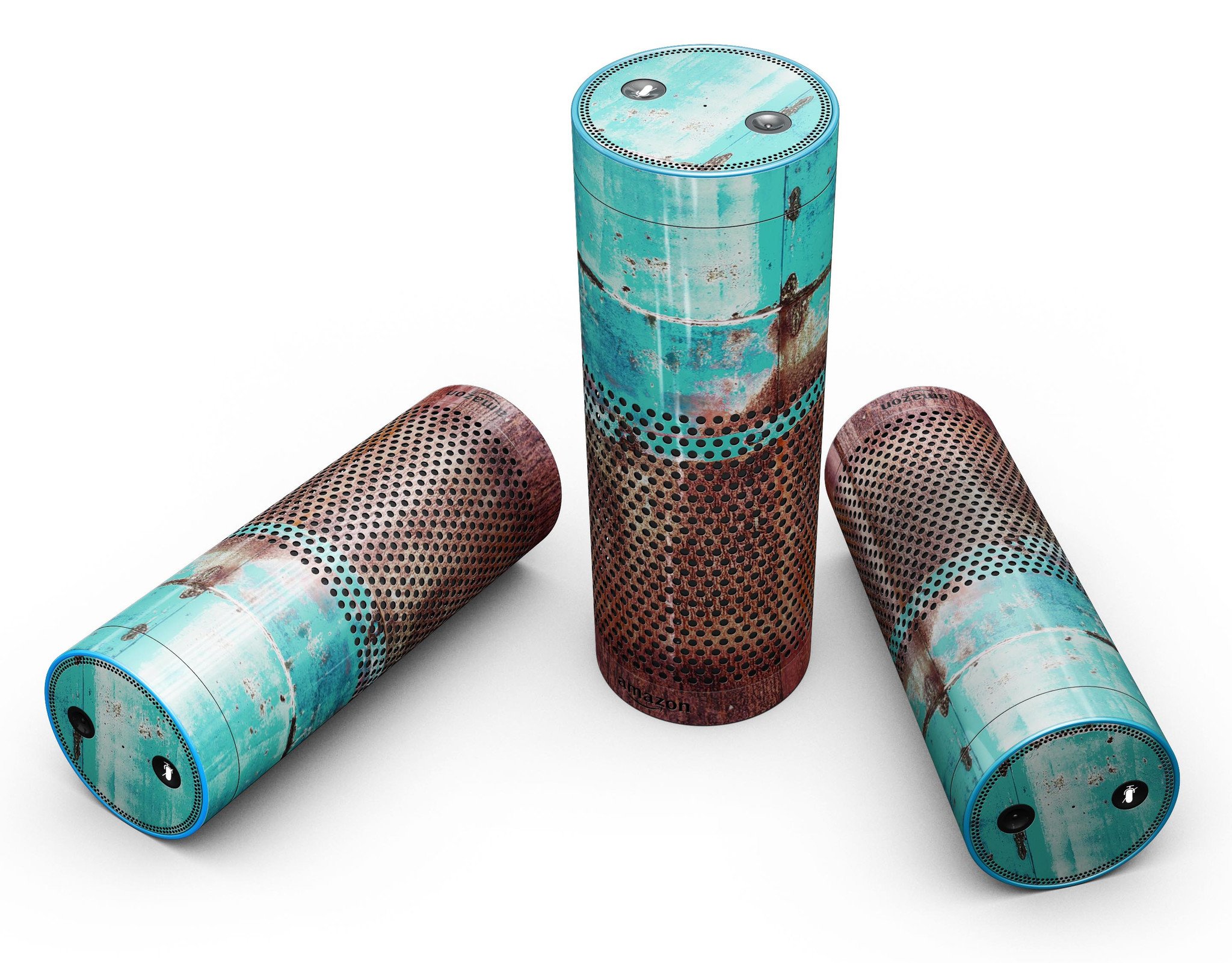 Bright turquoise rusted surface skin-kit for Amazon Echo, showcasing vibrant color and unique design.