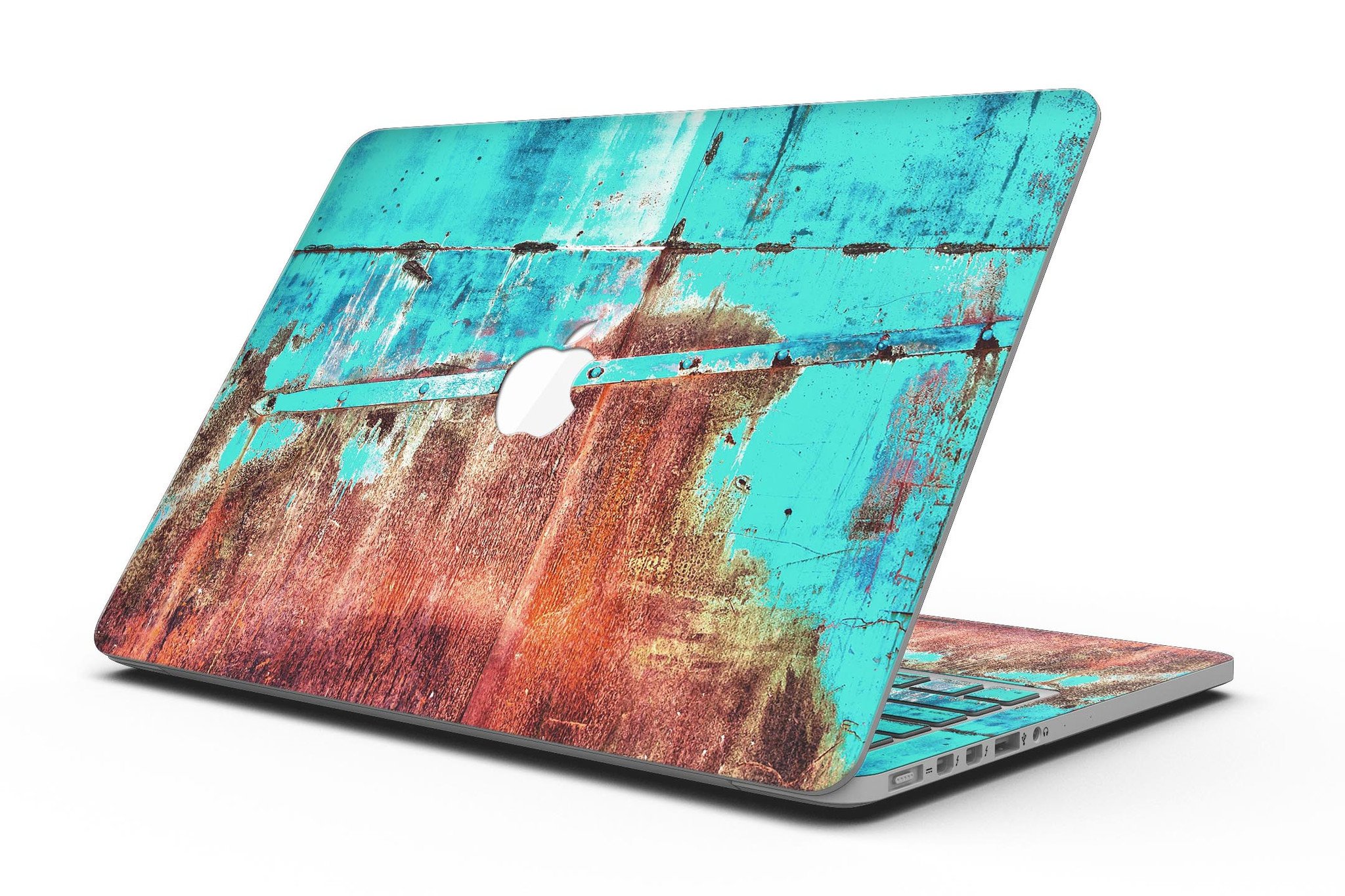 Bright turquoise rusted surface skin for MacBook Pro with Retina Display, showcasing a stylish design that protects the device.