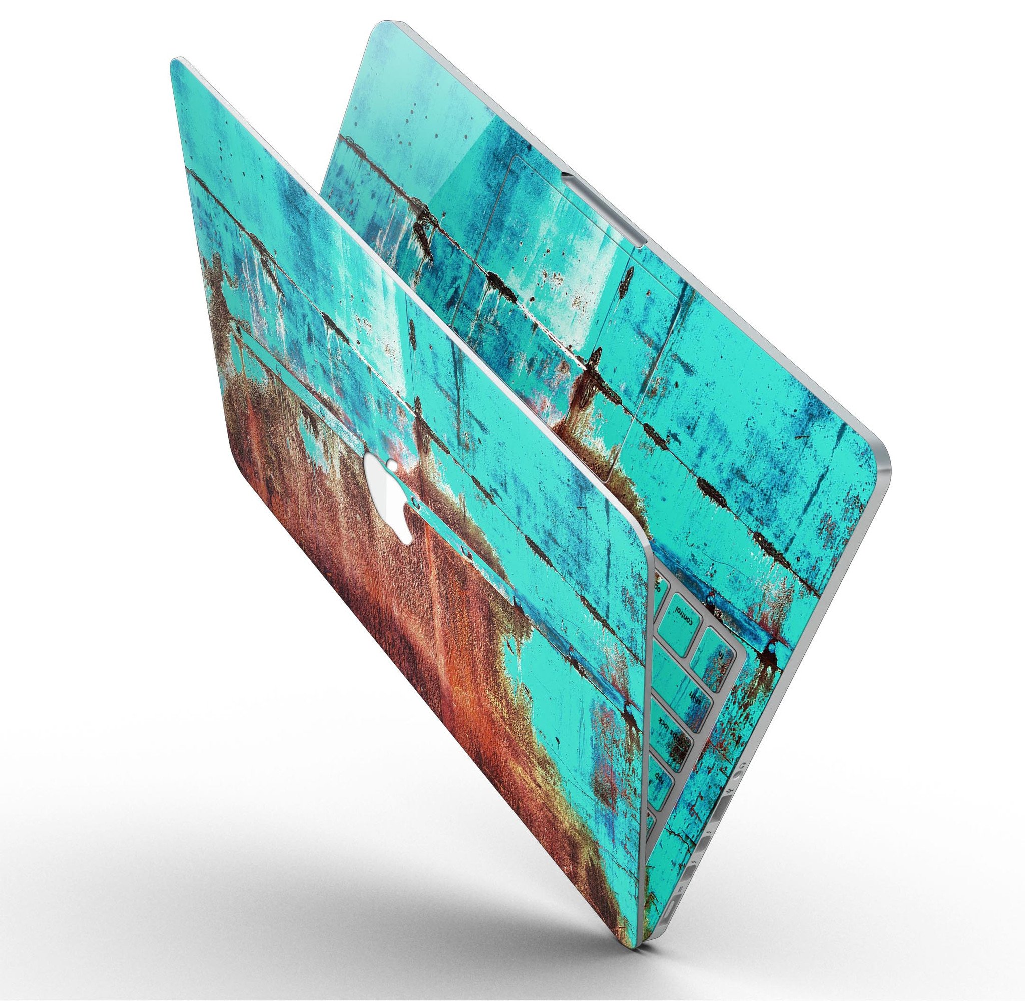 Bright turquoise rusted surface skin for MacBook Pro with Retina Display, showcasing a stylish design that protects the device.