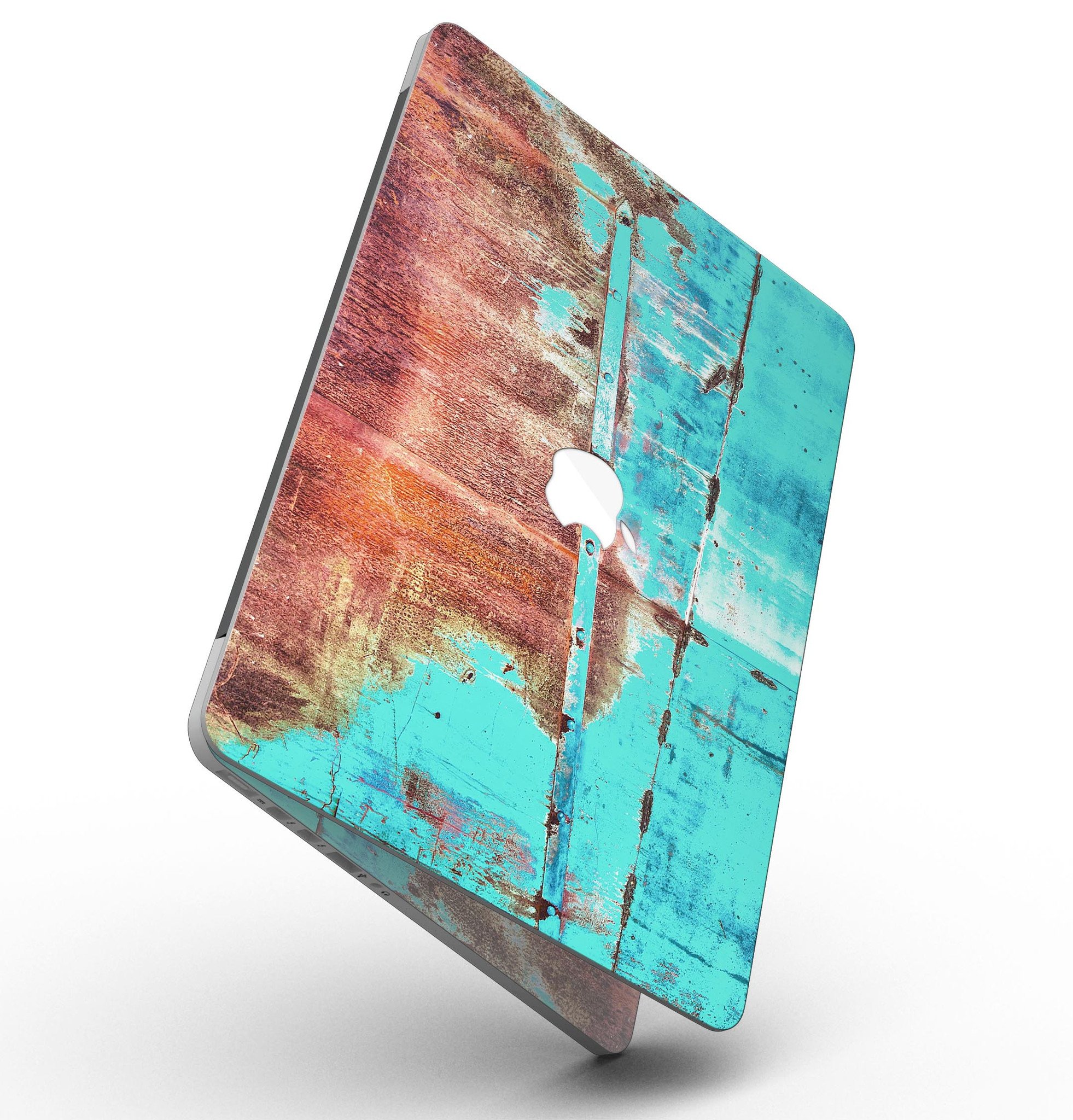 Bright turquoise rusted surface skin for MacBook Pro with Retina Display, showcasing a stylish design that protects the device.