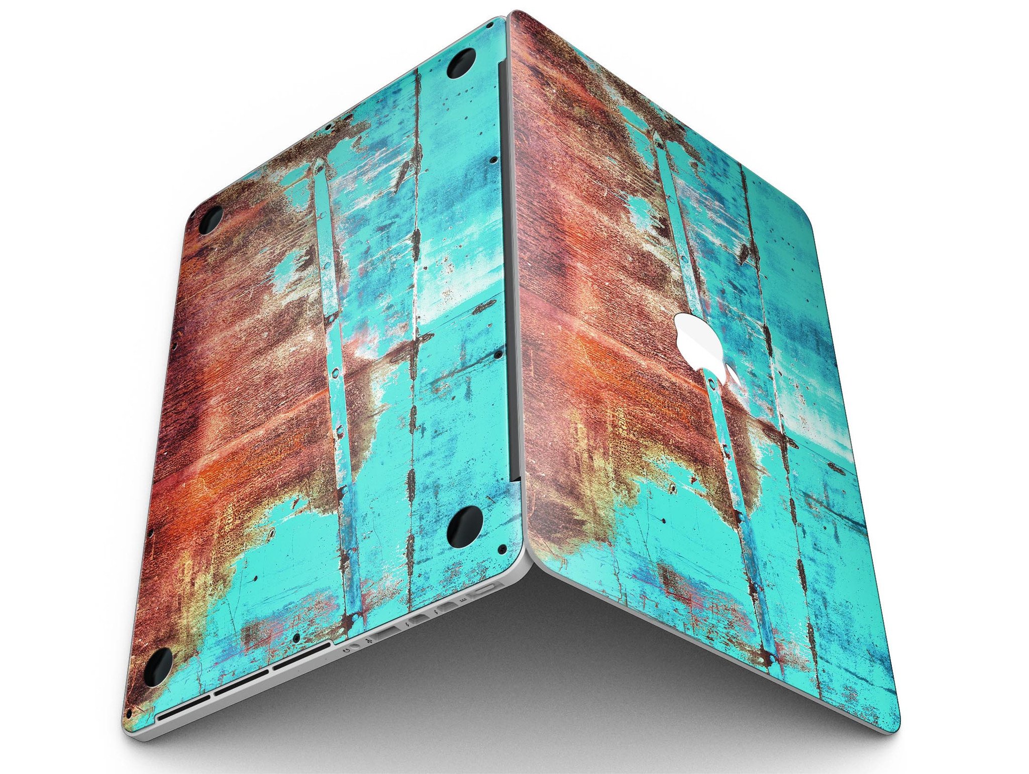 Bright turquoise rusted surface skin for MacBook Pro with Retina Display, showcasing a stylish design that protects the device.