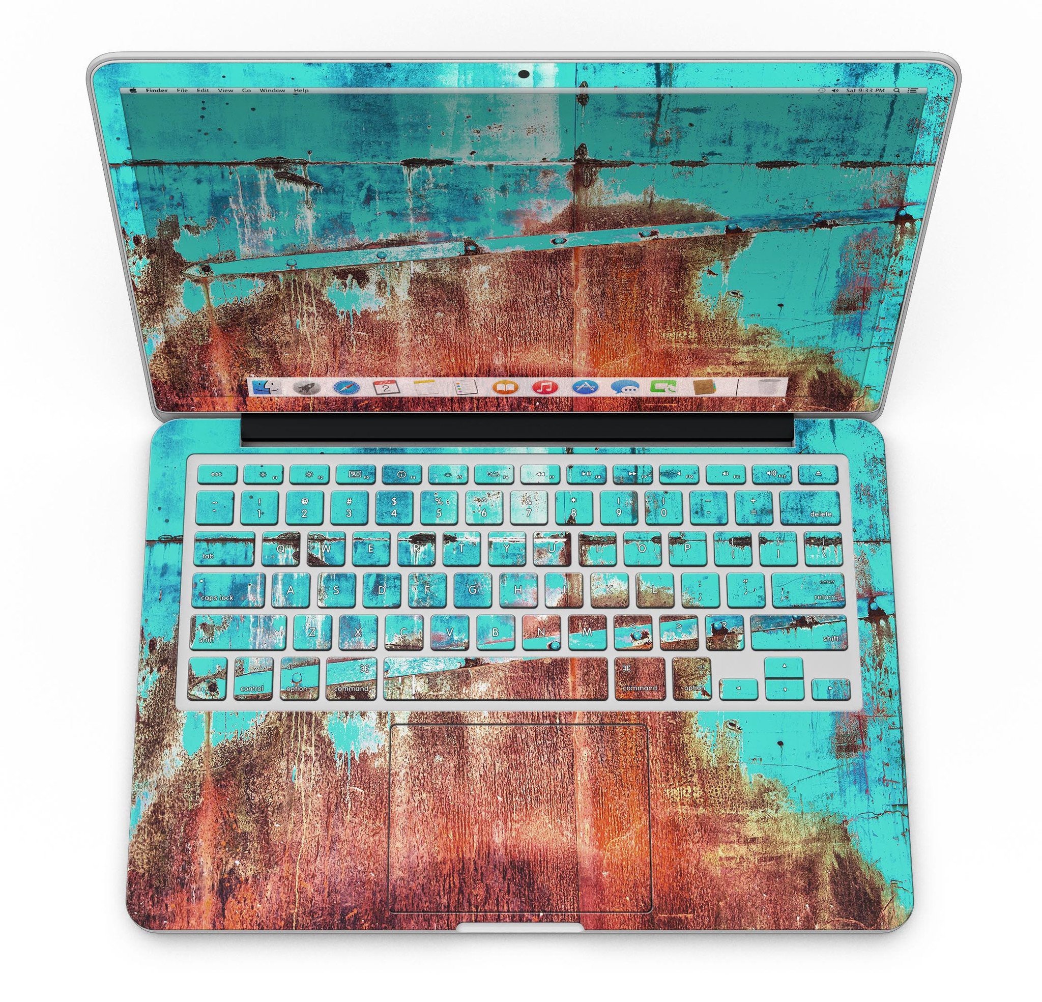 Bright turquoise rusted surface skin for MacBook Pro with Retina Display, showcasing a stylish design that protects the device.