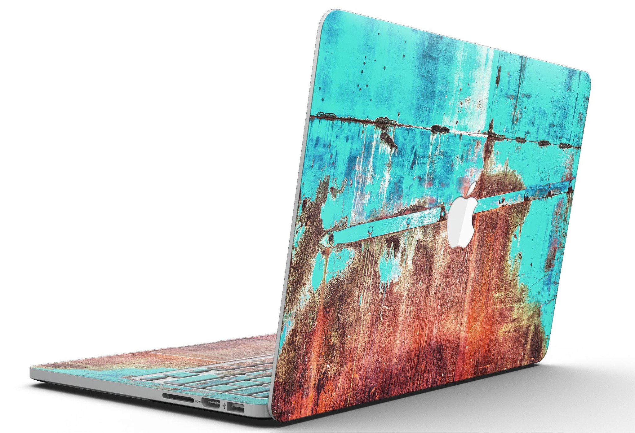 Bright turquoise rusted surface skin for MacBook Pro with Retina Display, showcasing a stylish design that protects the device.