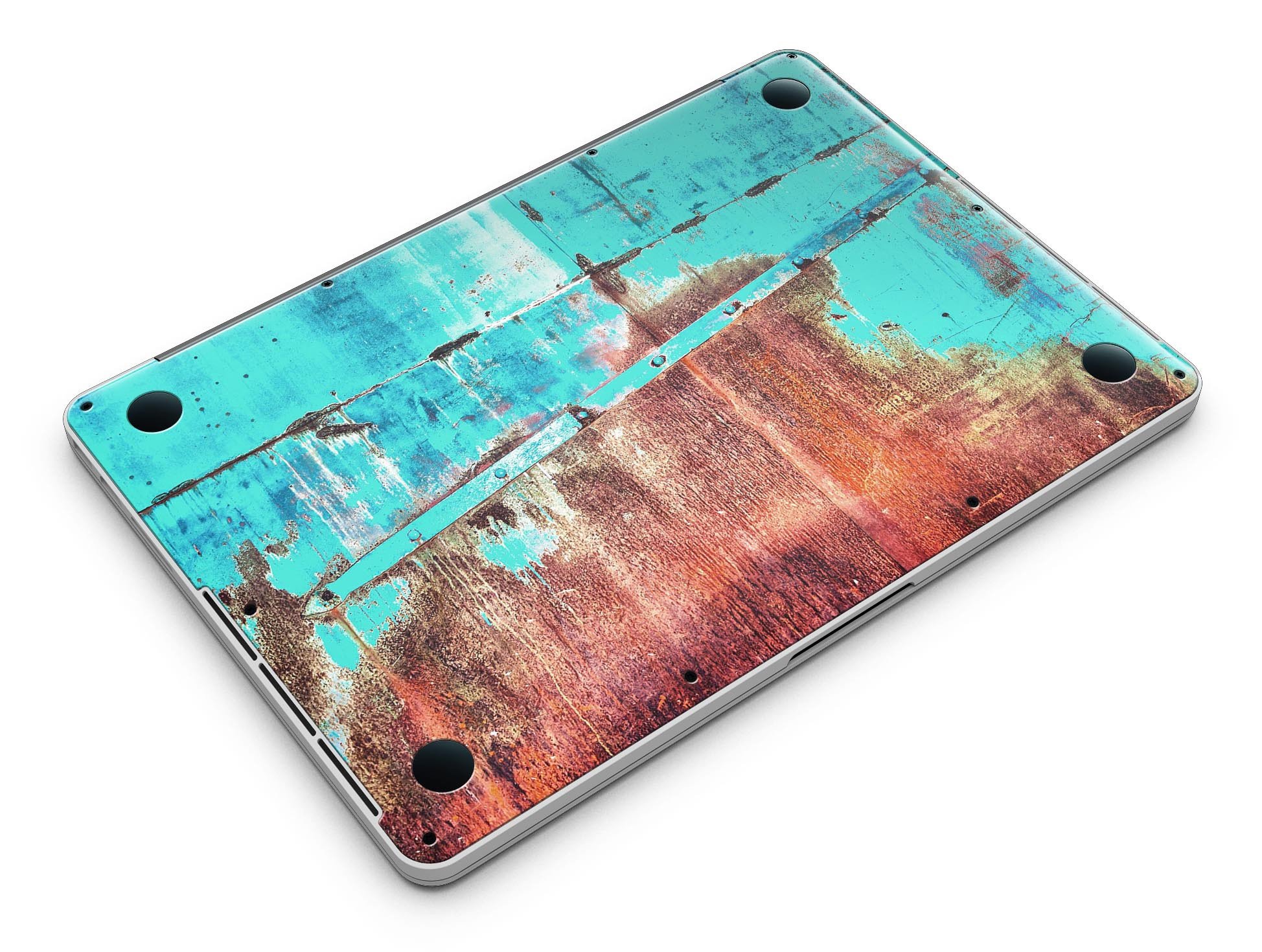 Bright turquoise rusted surface skin for MacBook Pro with Retina Display, showcasing a stylish design that protects the device.