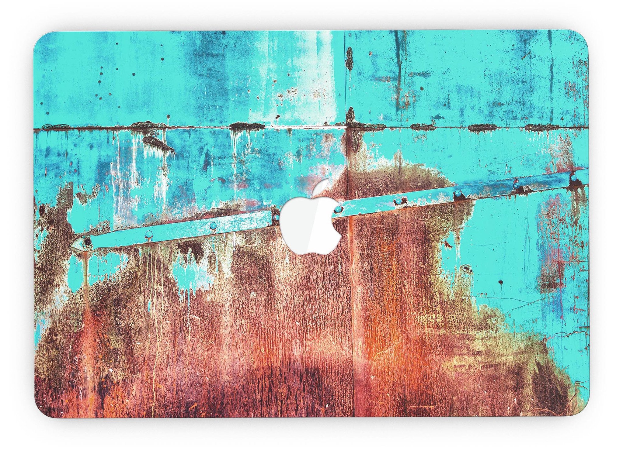 Bright turquoise rusted surface skin for MacBook Pro with Retina Display, showcasing a stylish design that protects the device.